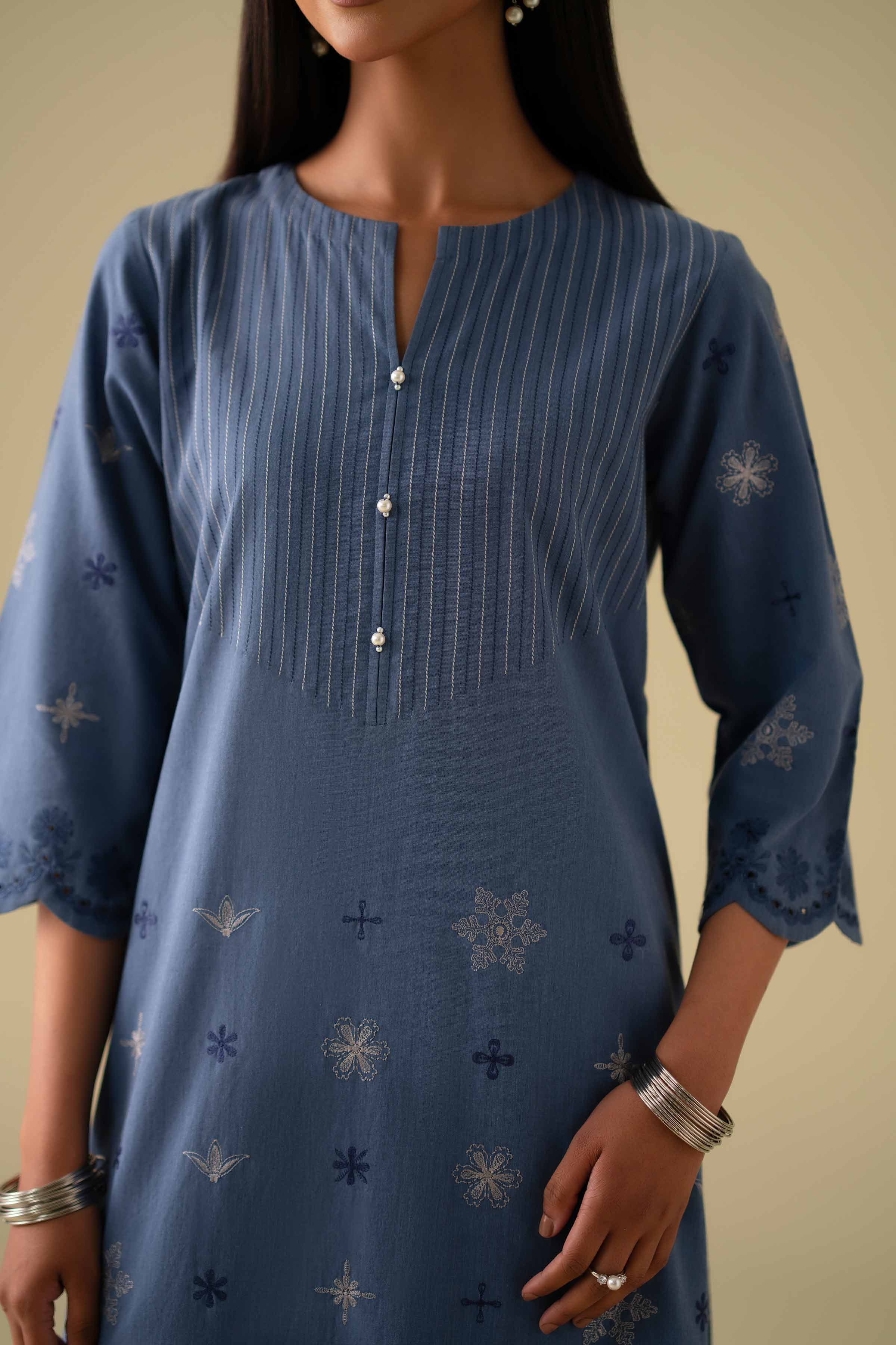 NishatUK - Blue Embroidered Yarn Dyed 2-piece ready to wear Dress