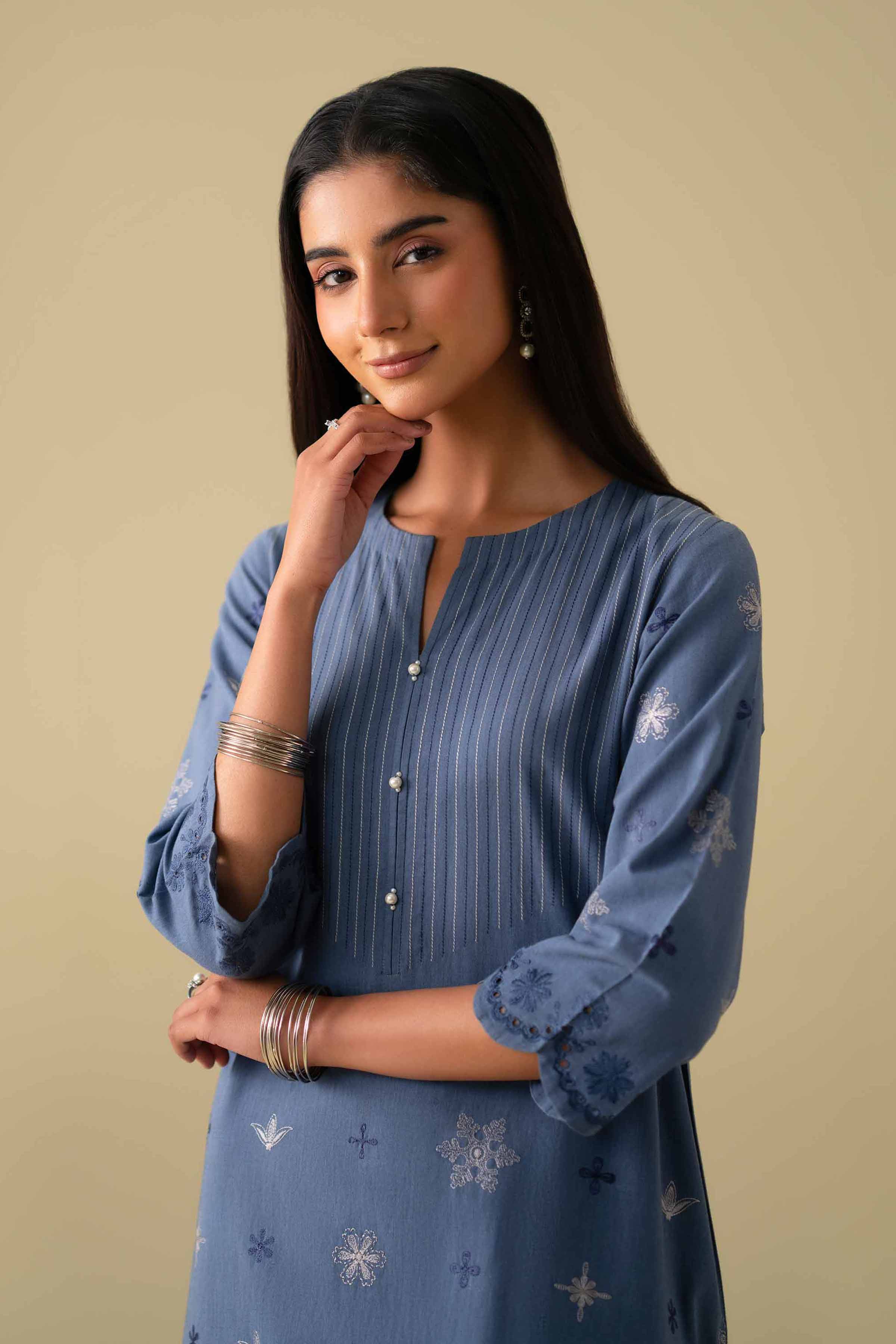 NishatUK - Blue Embroidered Yarn Dyed 2-piece ready to wear Dress