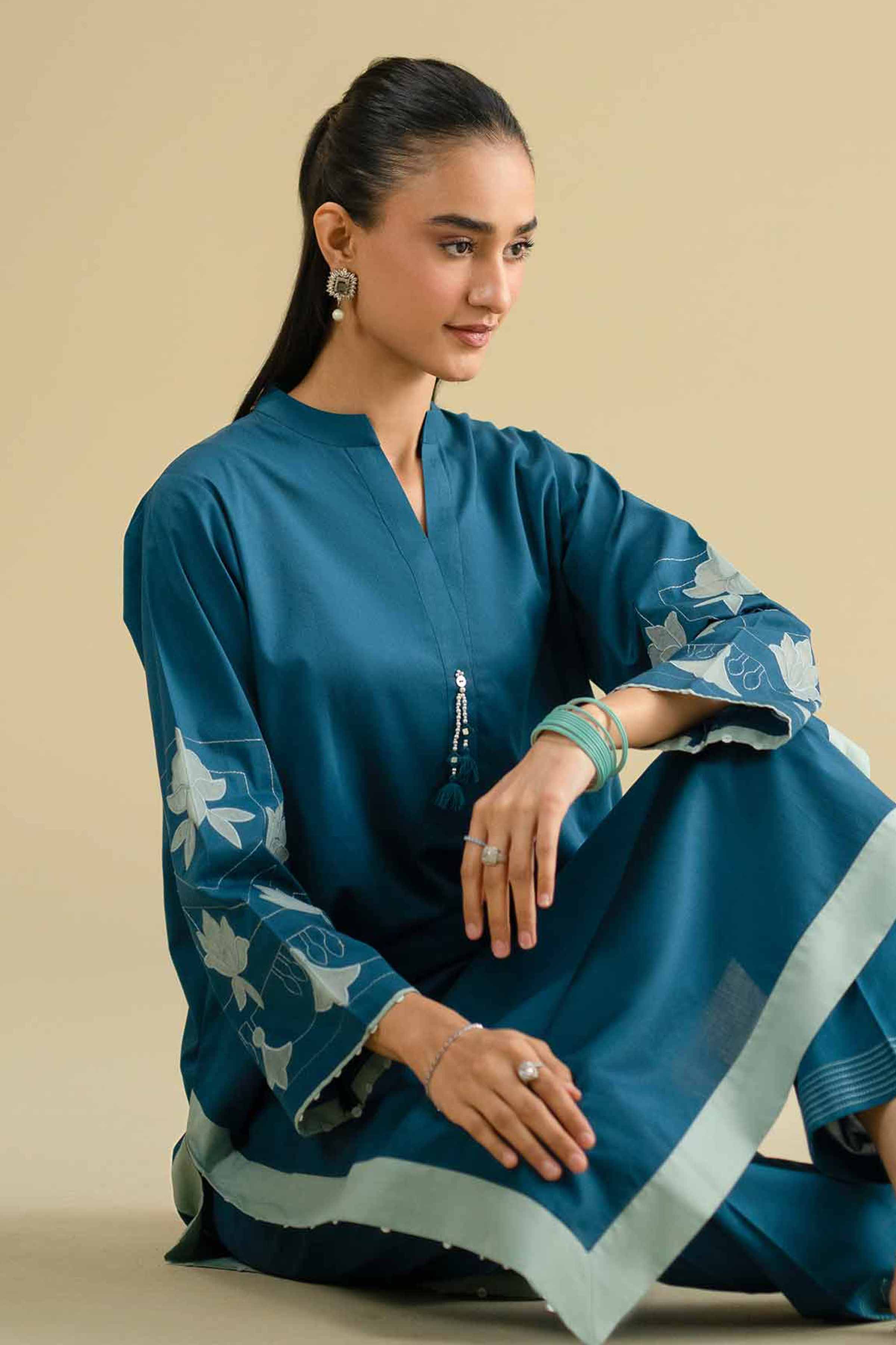 Nishat UK - Blue Embroidered Cambric 2-piece ready to wear luxury Dress