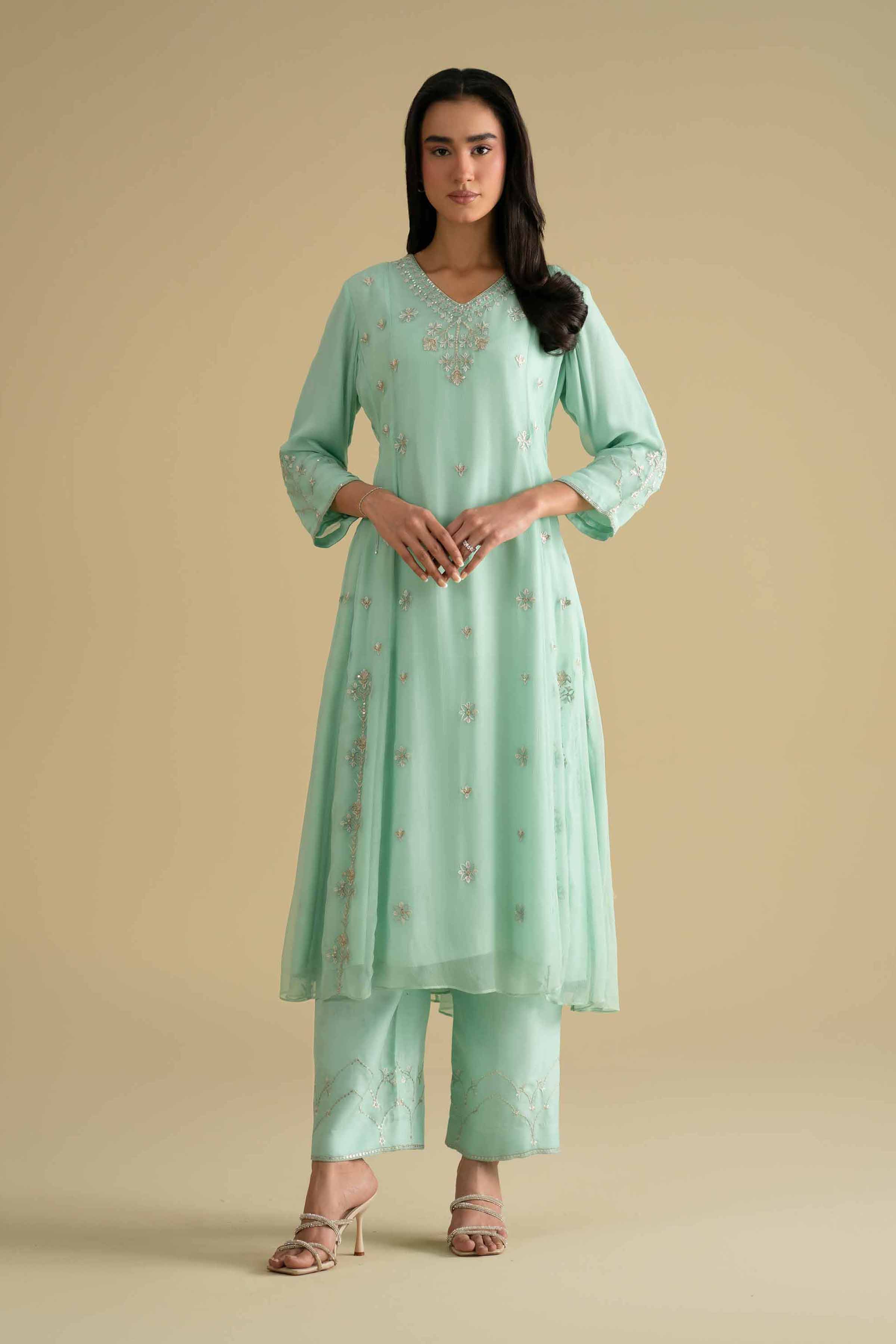 NishatUK - Blue Embroidered Chiffon 2-piece ready to wear Dress