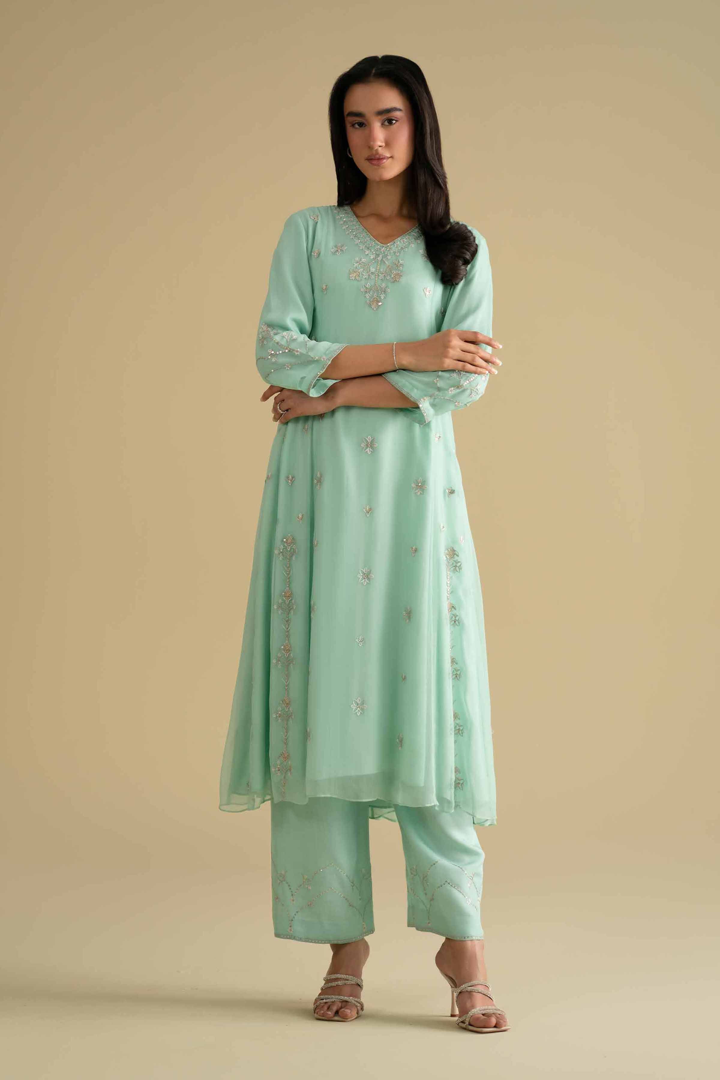 NishatUK - Blue Embroidered Chiffon 2-piece ready to wear Dress