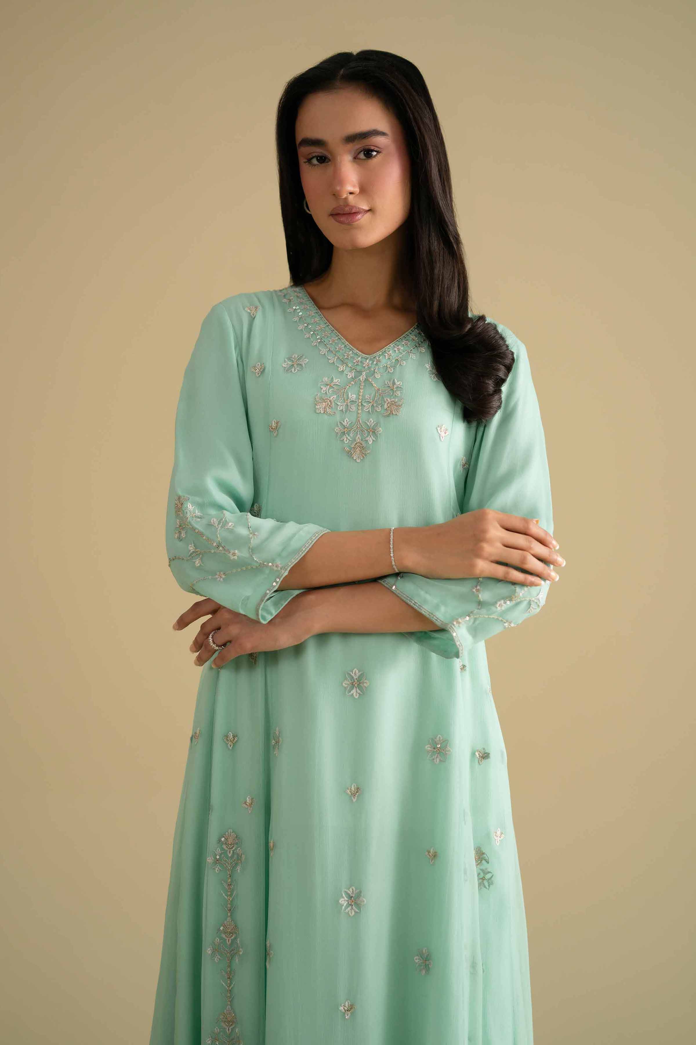 NishatUK - Blue Embroidered Chiffon 2-piece ready to wear Dress
