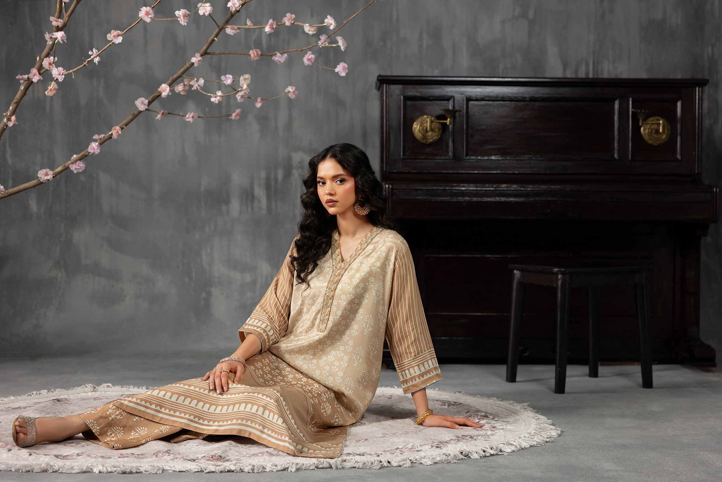 Nishat UK - Brown Embroidered Silk 2-piece ready to wear luxury Dress
