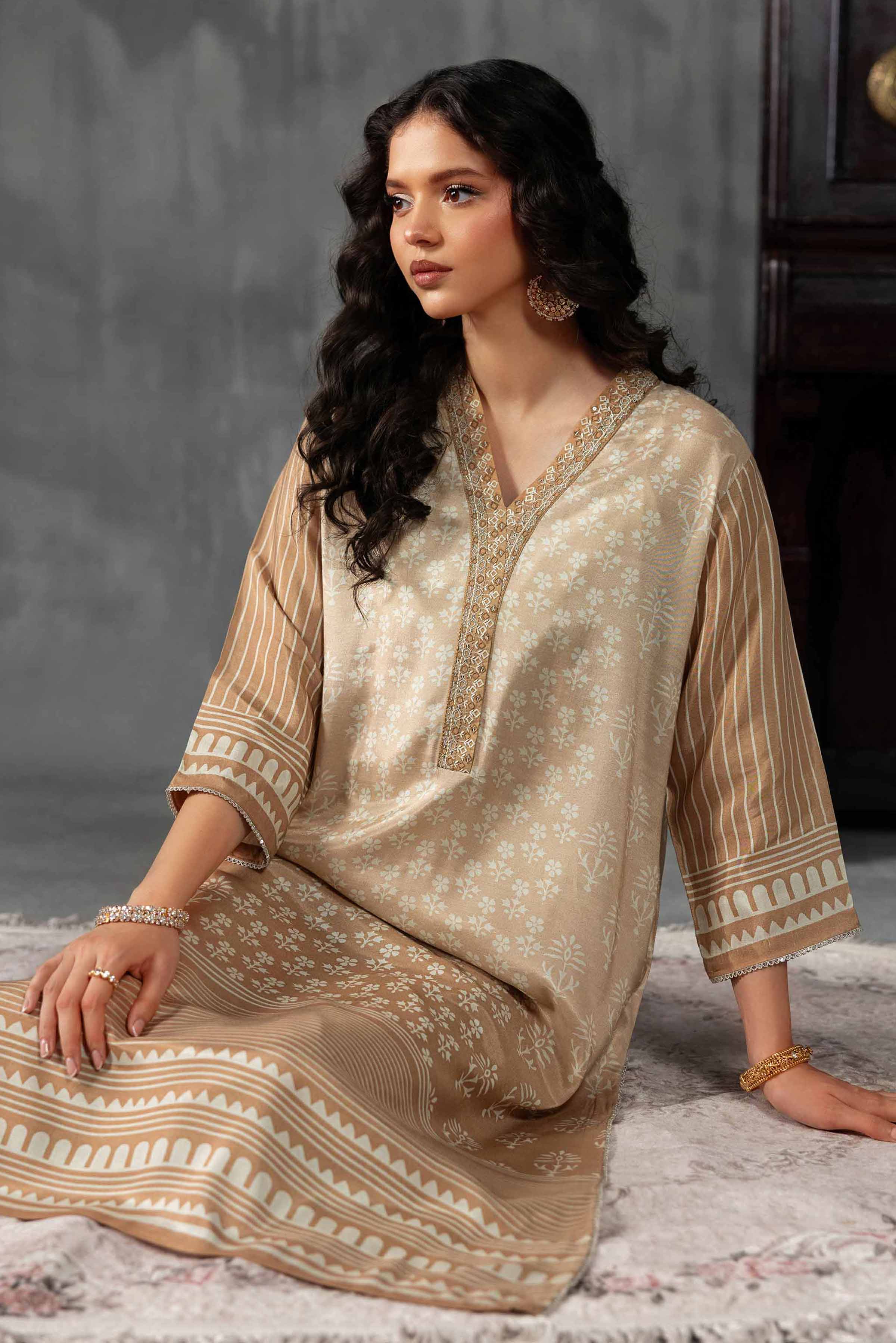 Nishat UK - Brown Embroidered Silk 2-piece ready to wear luxury Dress