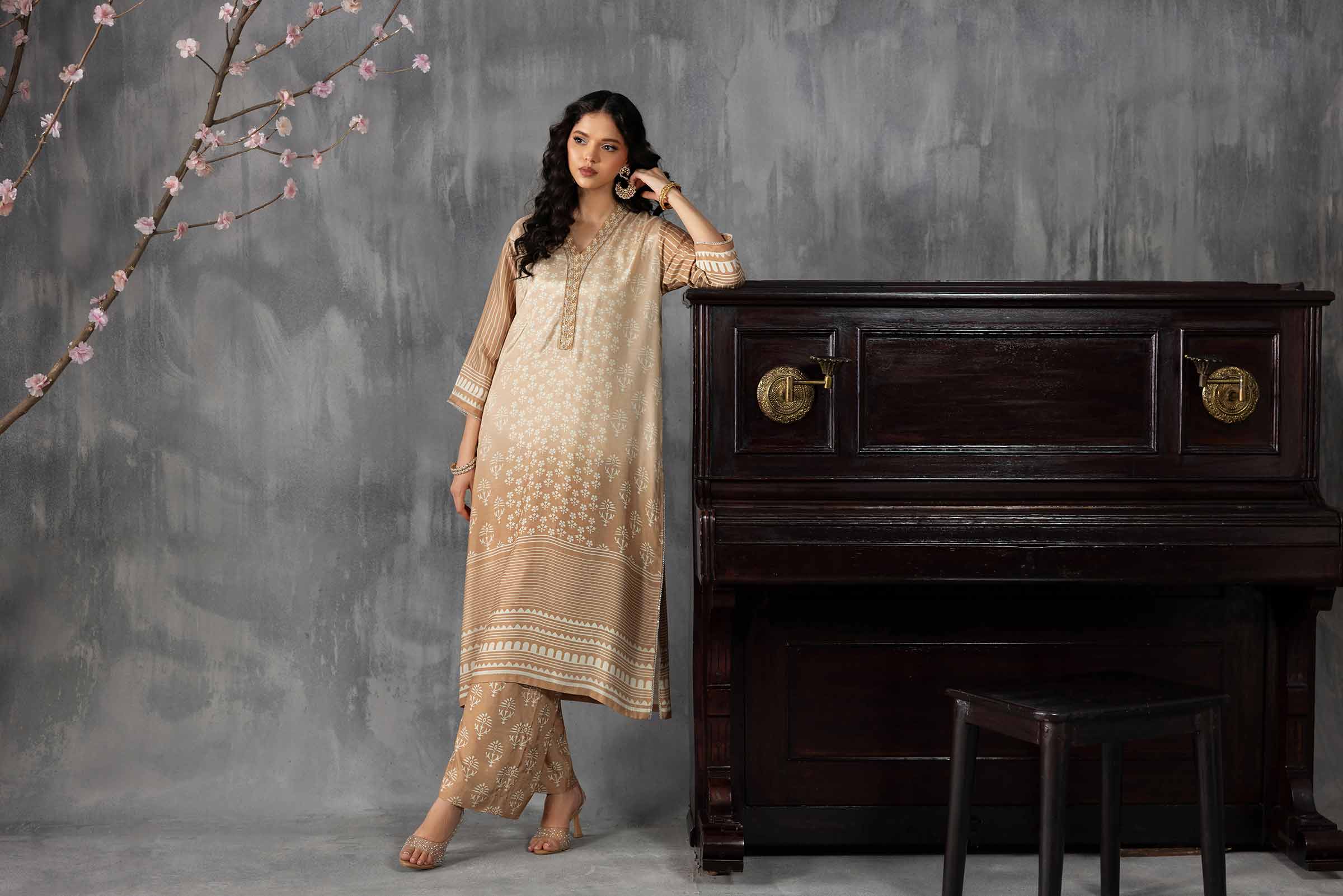 Nishat UK - Brown Embroidered Silk 2-piece ready to wear luxury Dress