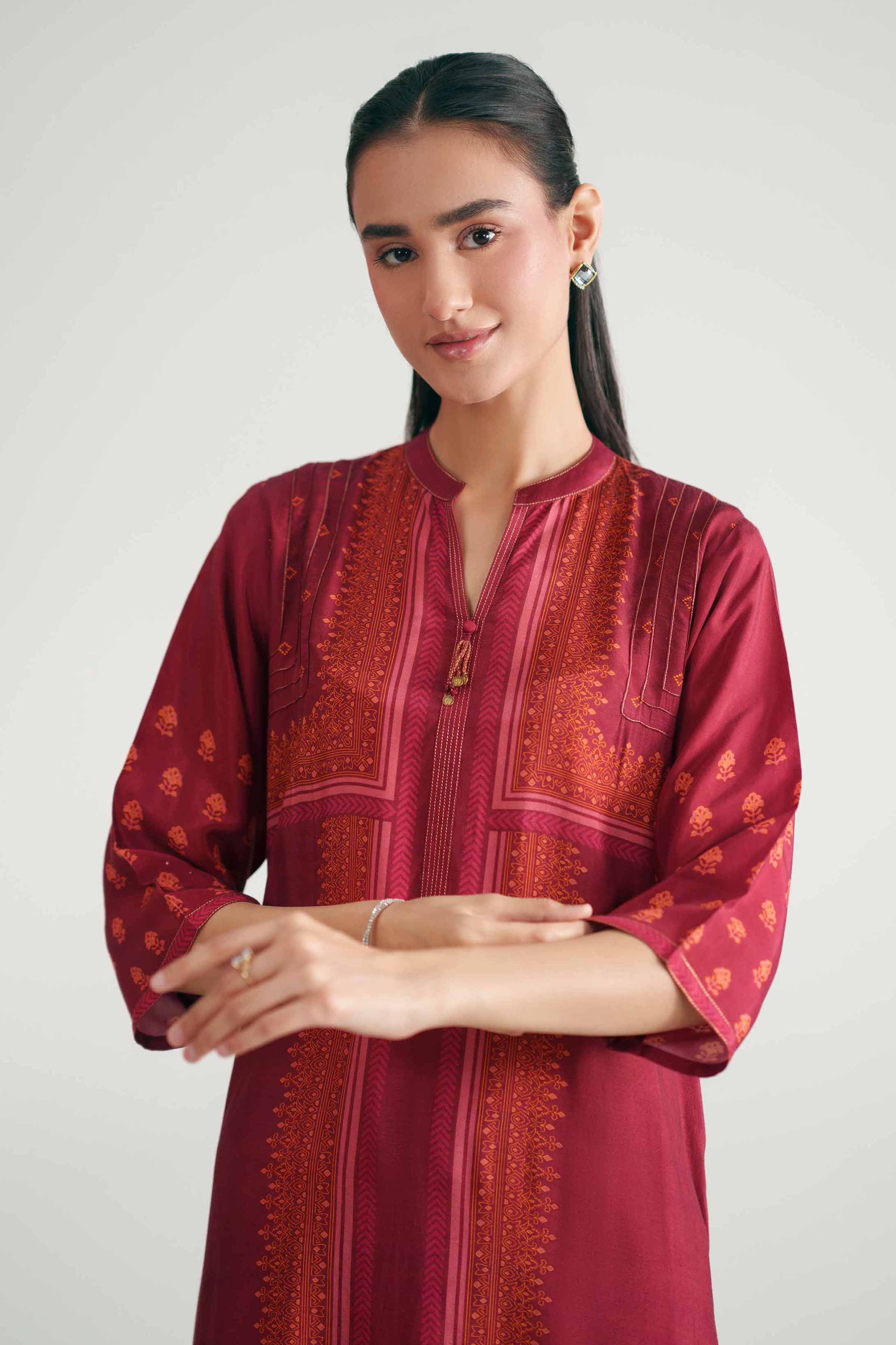 Nishat UK - Red Printed Silk 2-piece ready to wear luxury Dress