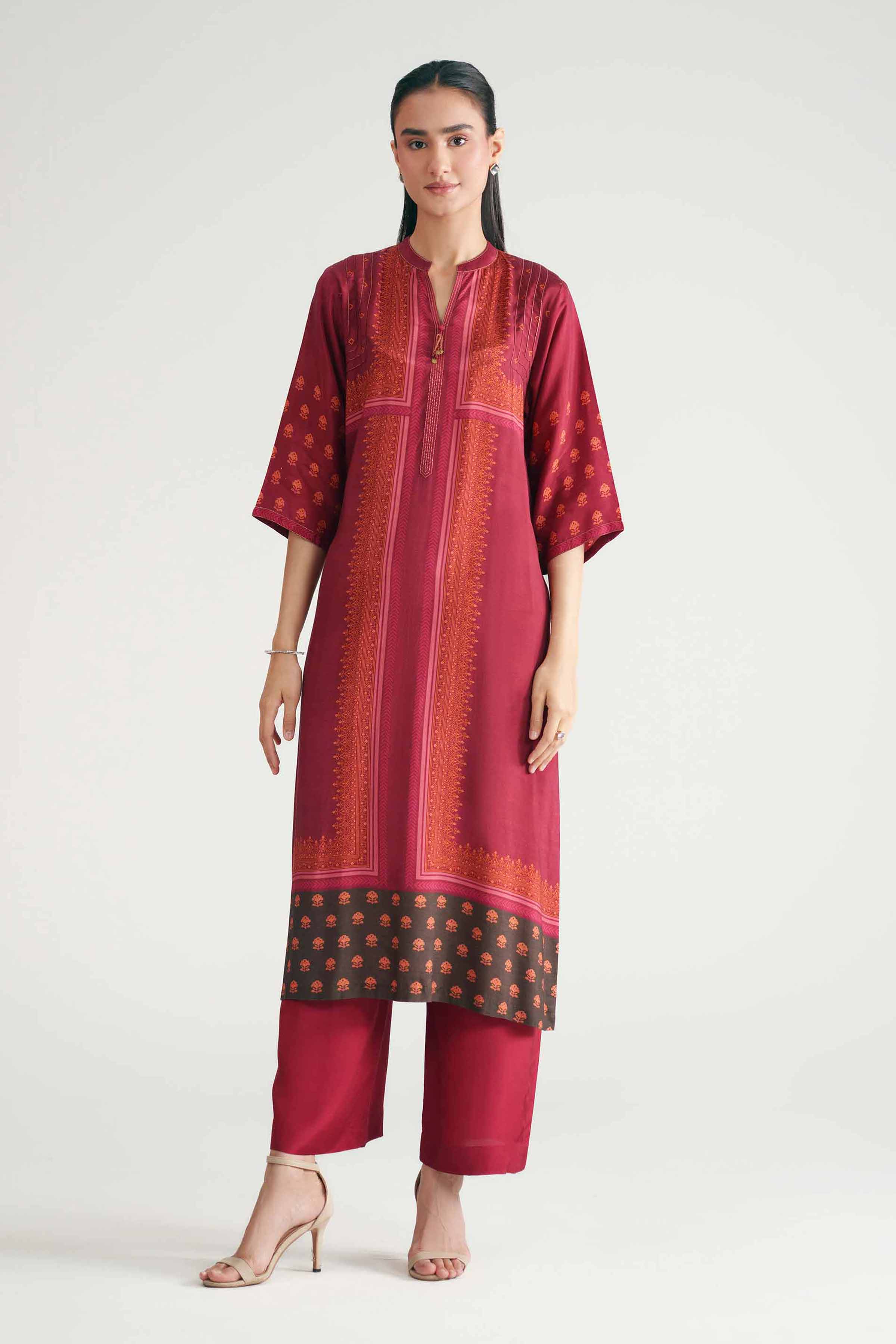 Nishat UK - Red Printed Silk 2-piece ready to wear luxury Dress