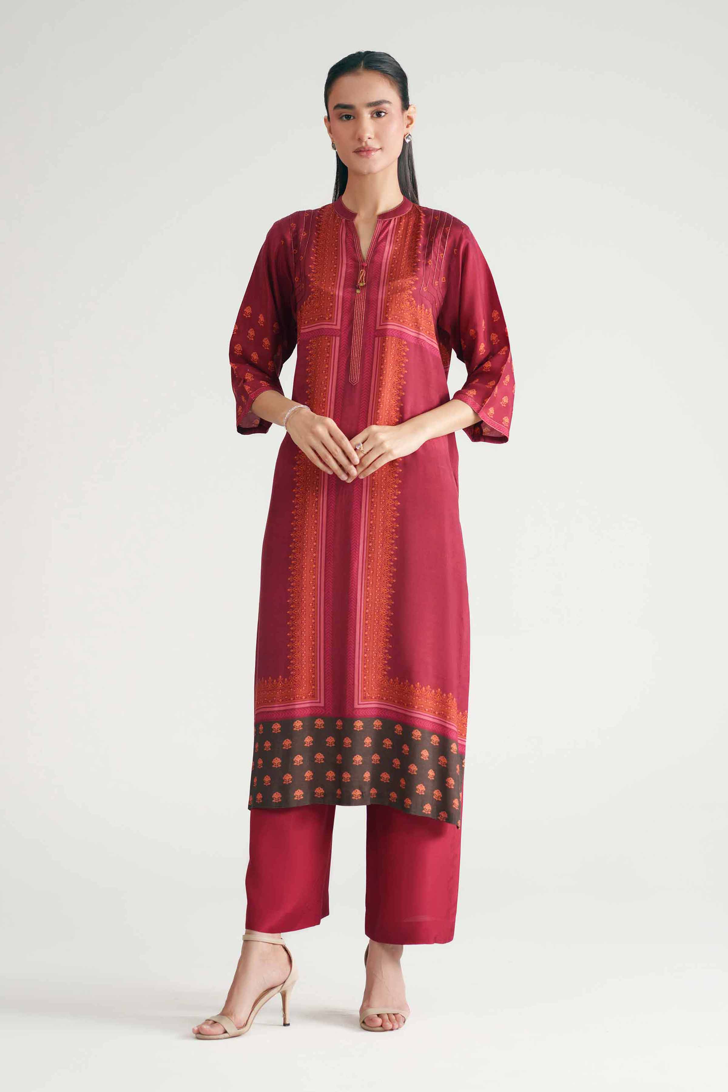 Nishat UK - Red Printed Silk 2-piece ready to wear luxury Dress