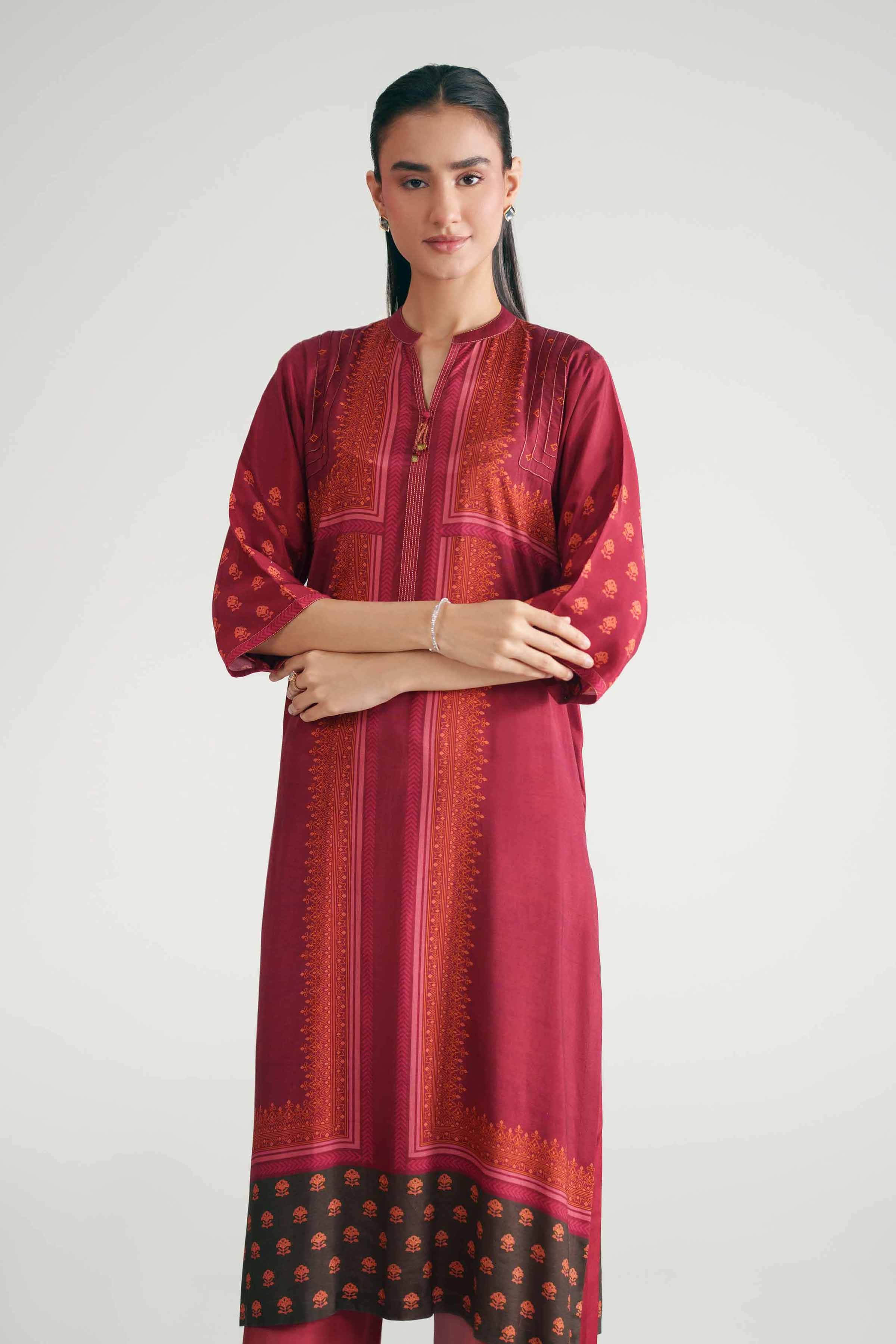 Nishat UK - Red Printed Silk 2-piece ready to wear luxury Dress