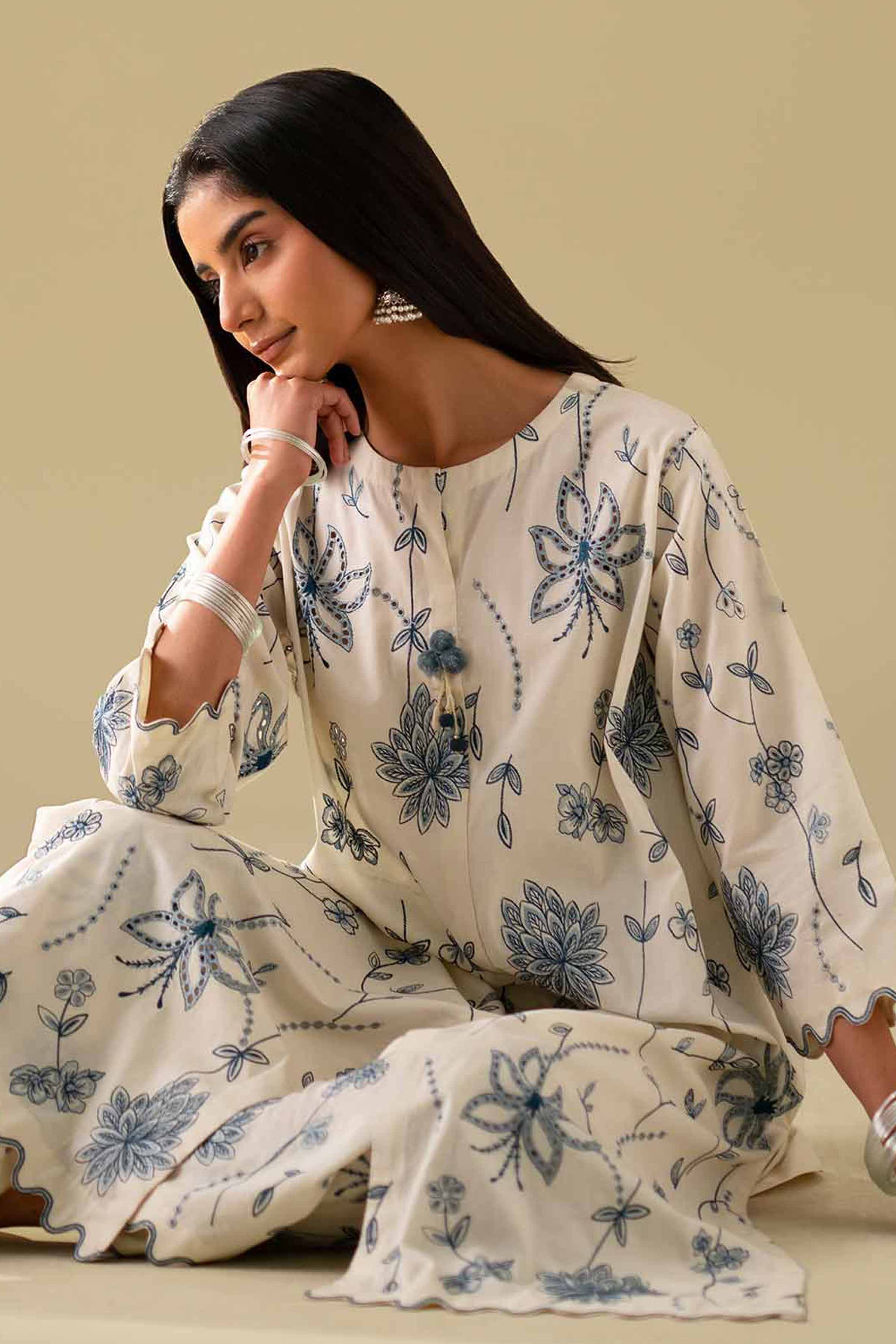 NishatUK - Off White Embroidered Cambric 2-piece ready to wear luxury Dress