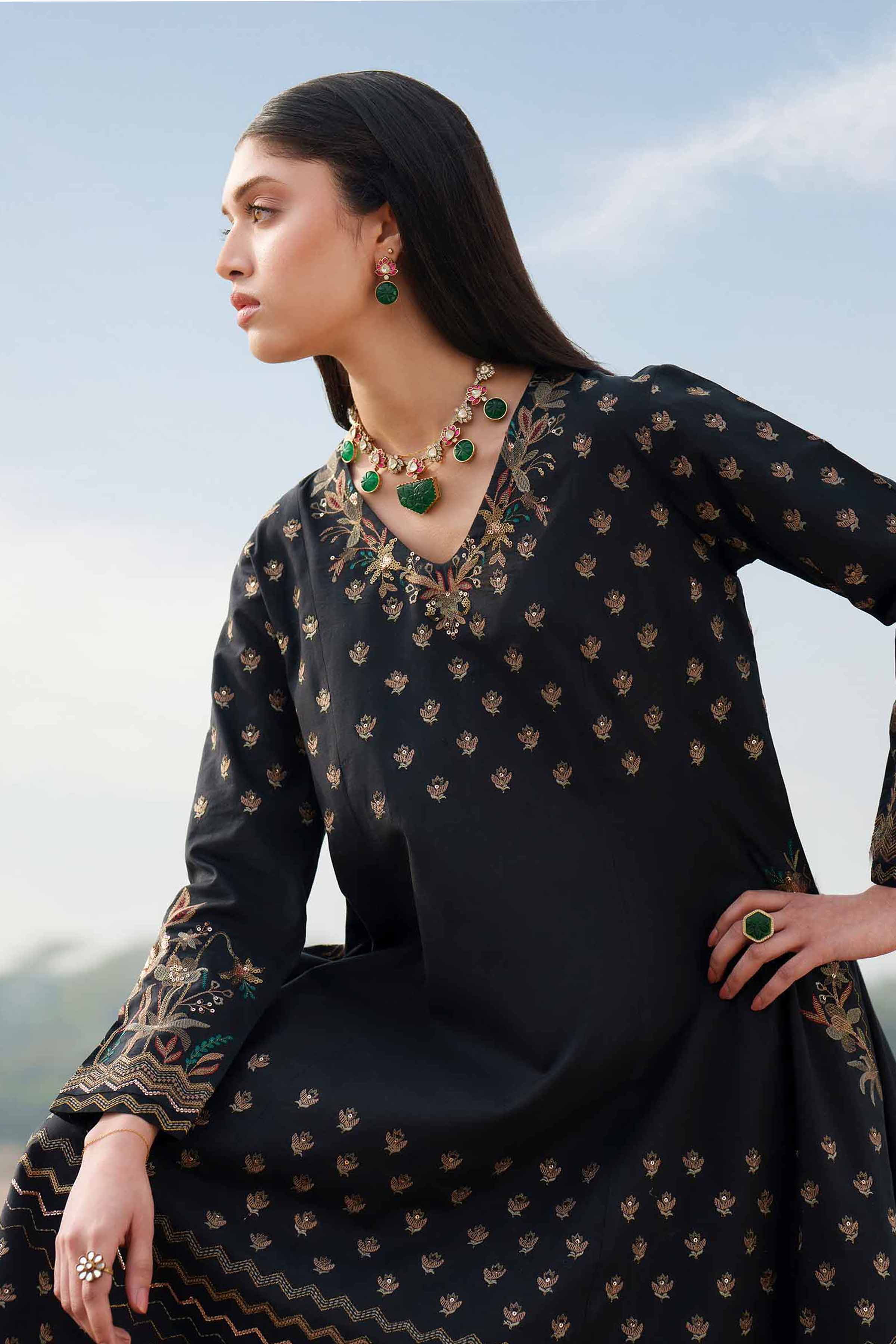 Nishat UK - Black Embroidered Cambric 2-piece ready to wear luxury Dress