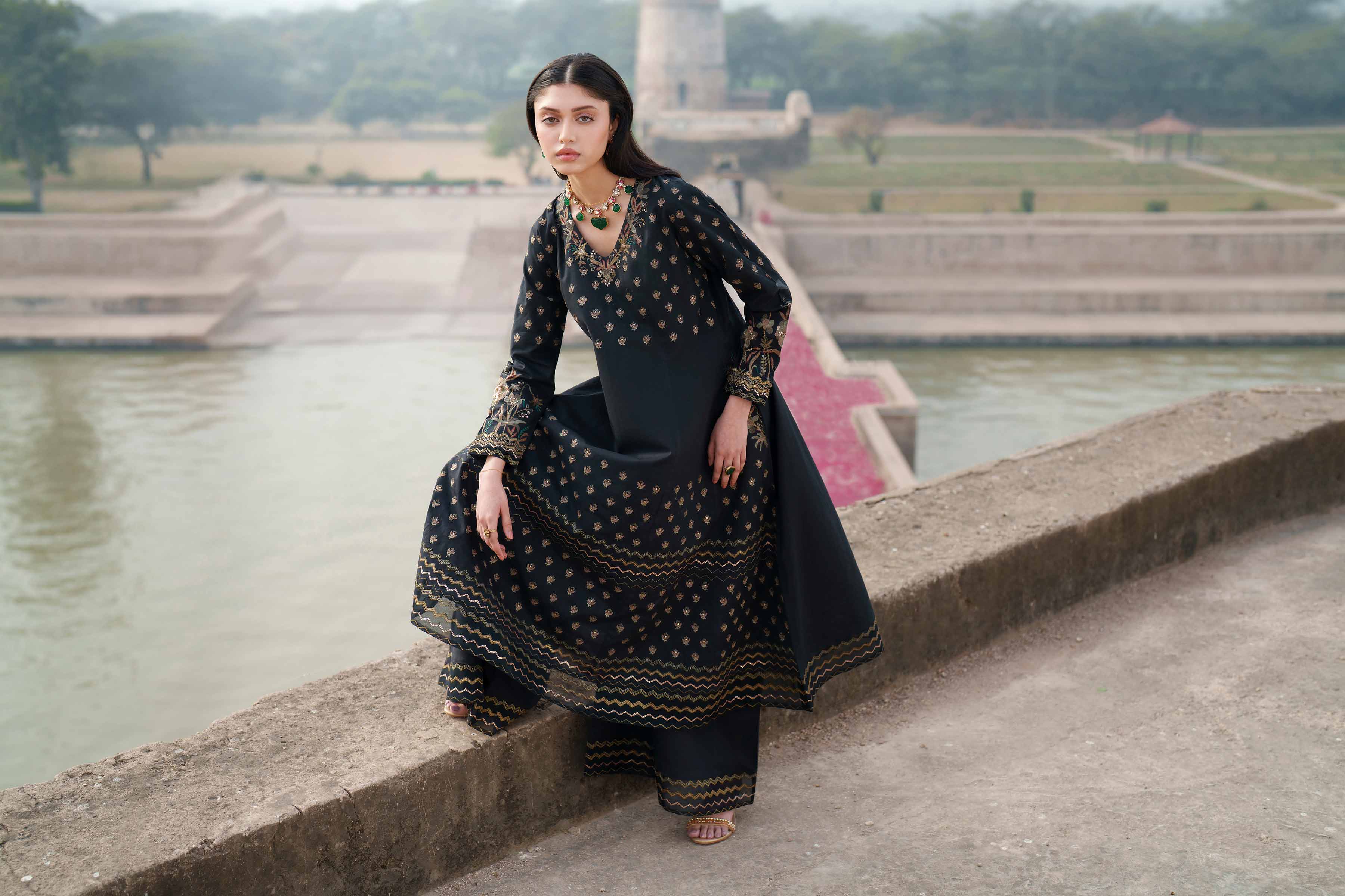 Nishat UK - Black Embroidered Cambric 2-piece ready to wear luxury Dress