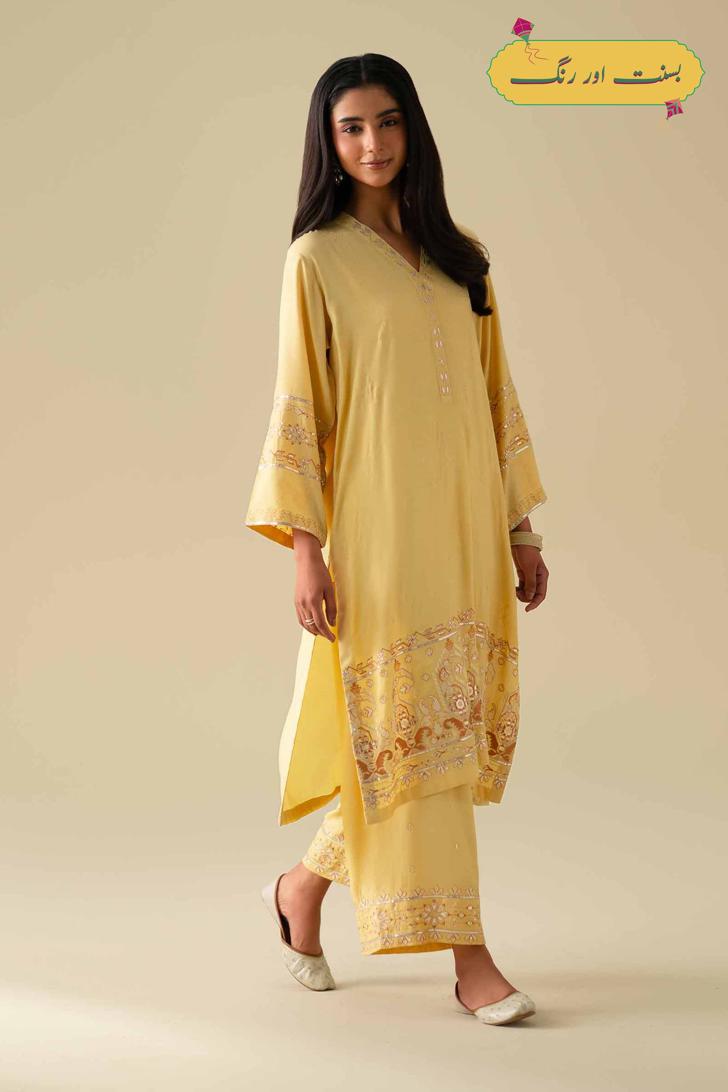 NishatUK - Yellow Embroidered Silk 2-piece ready to wear Dress