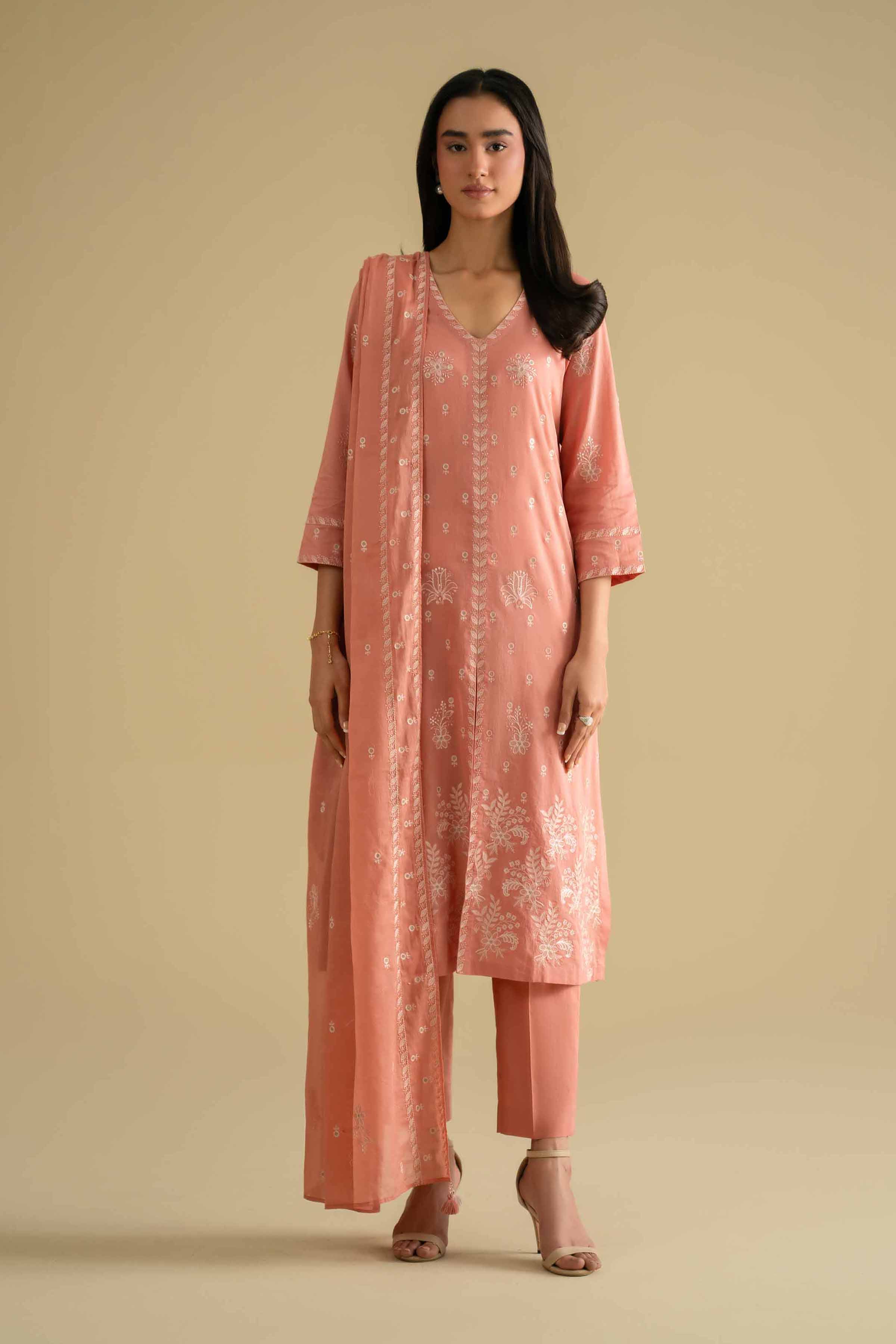 NishatUK - Orange Embroidered Cambric 3-piece ready to wear luxury Suit