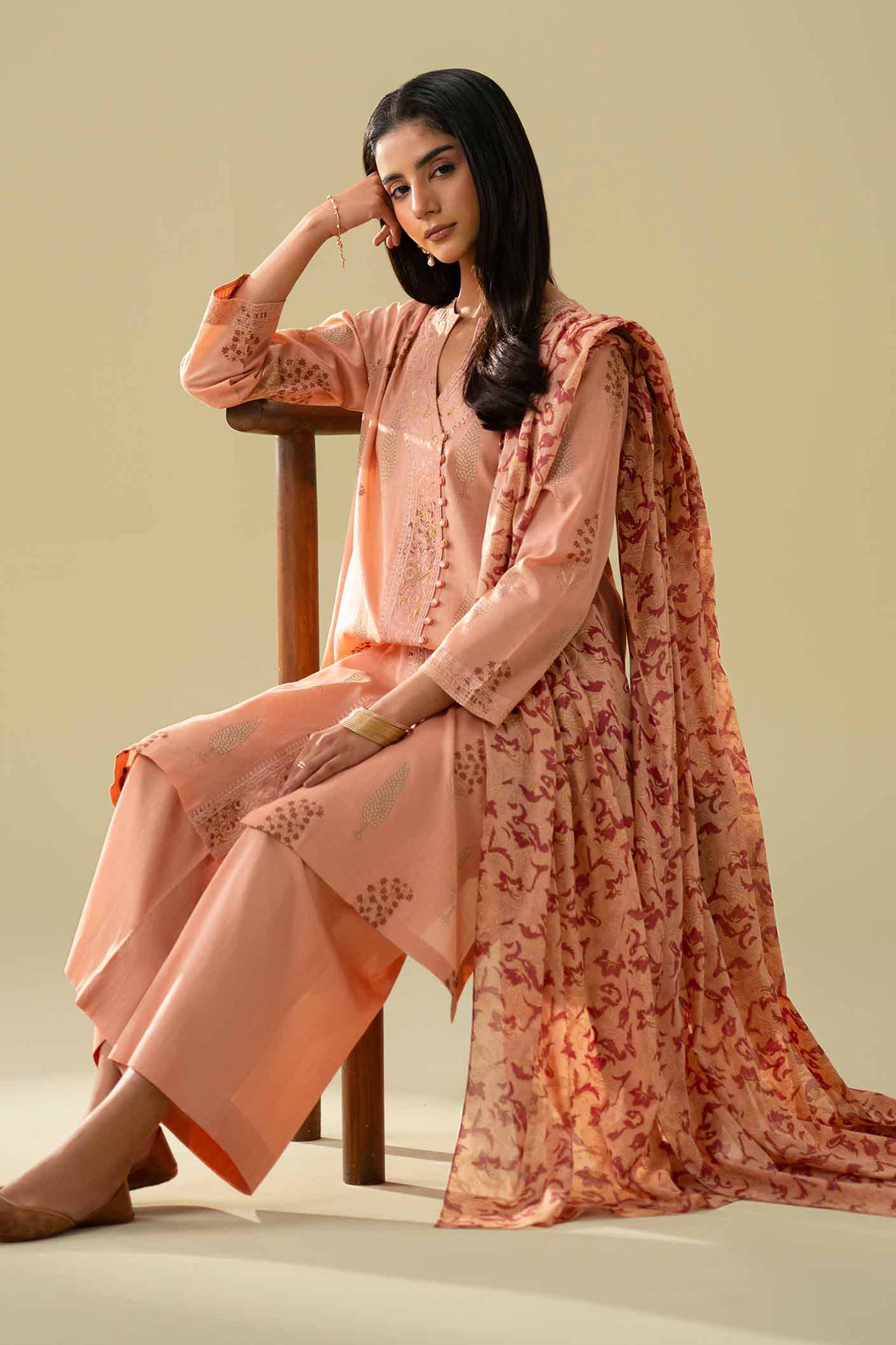 NishatUK - Orange Embroidered Lawn 3-piece ready to wear Suit
