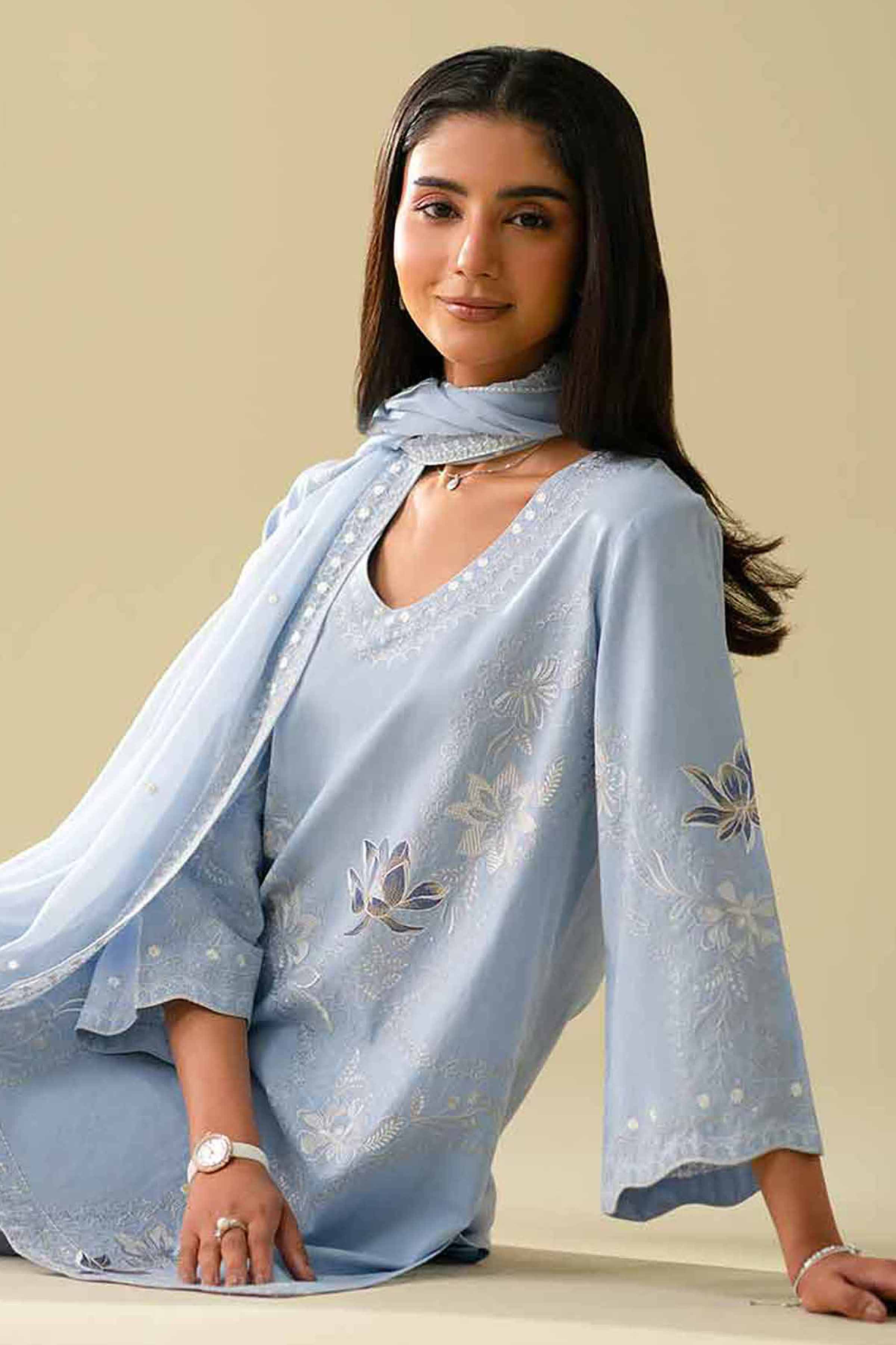 NishatUK - Blue Embroidered Cambric 3-piece ready to wear luxury Suit