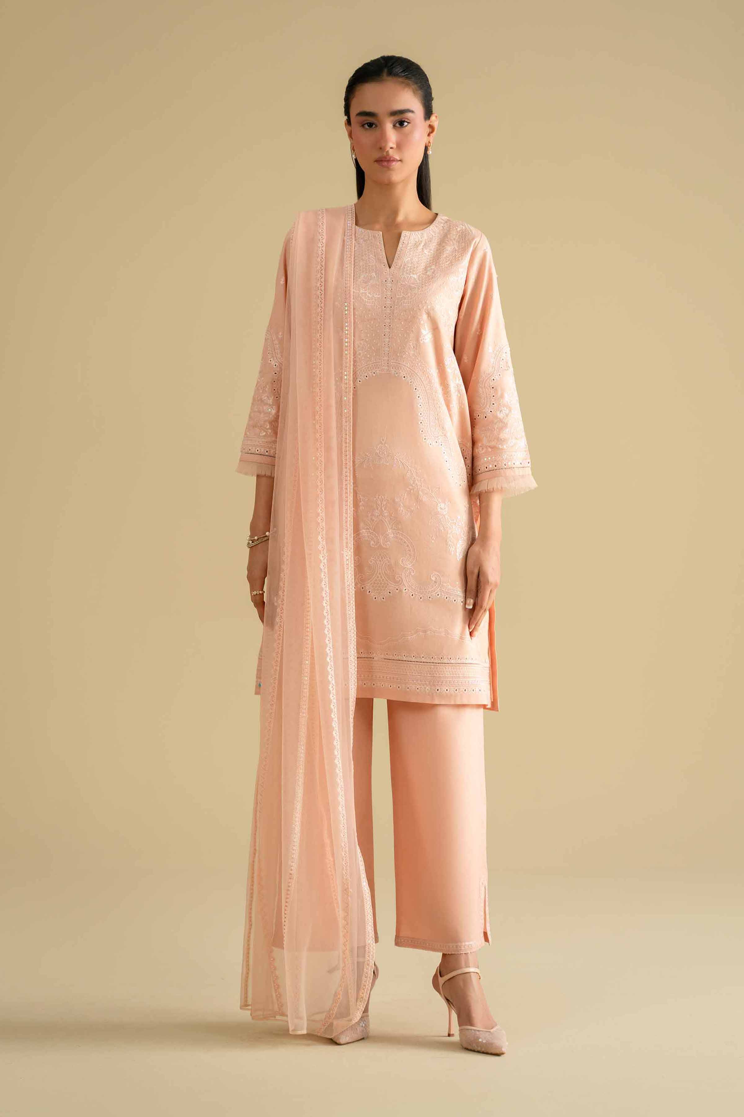 Nishat UK - Orange Embroidered Cambric 3-piece ready to wear luxury Suit