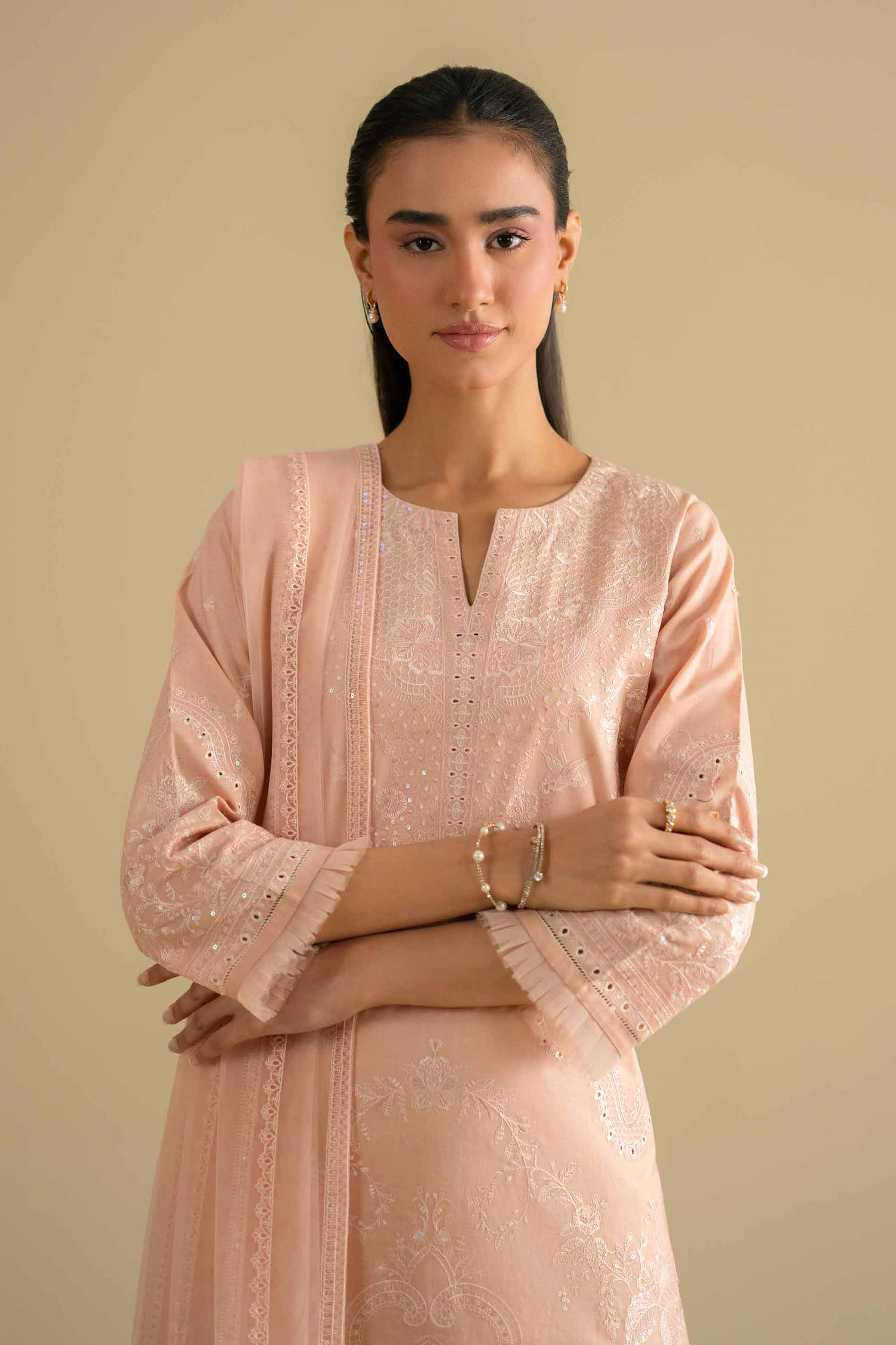 Nishat UK - Orange Embroidered Cambric 3-piece ready to wear luxury Suit