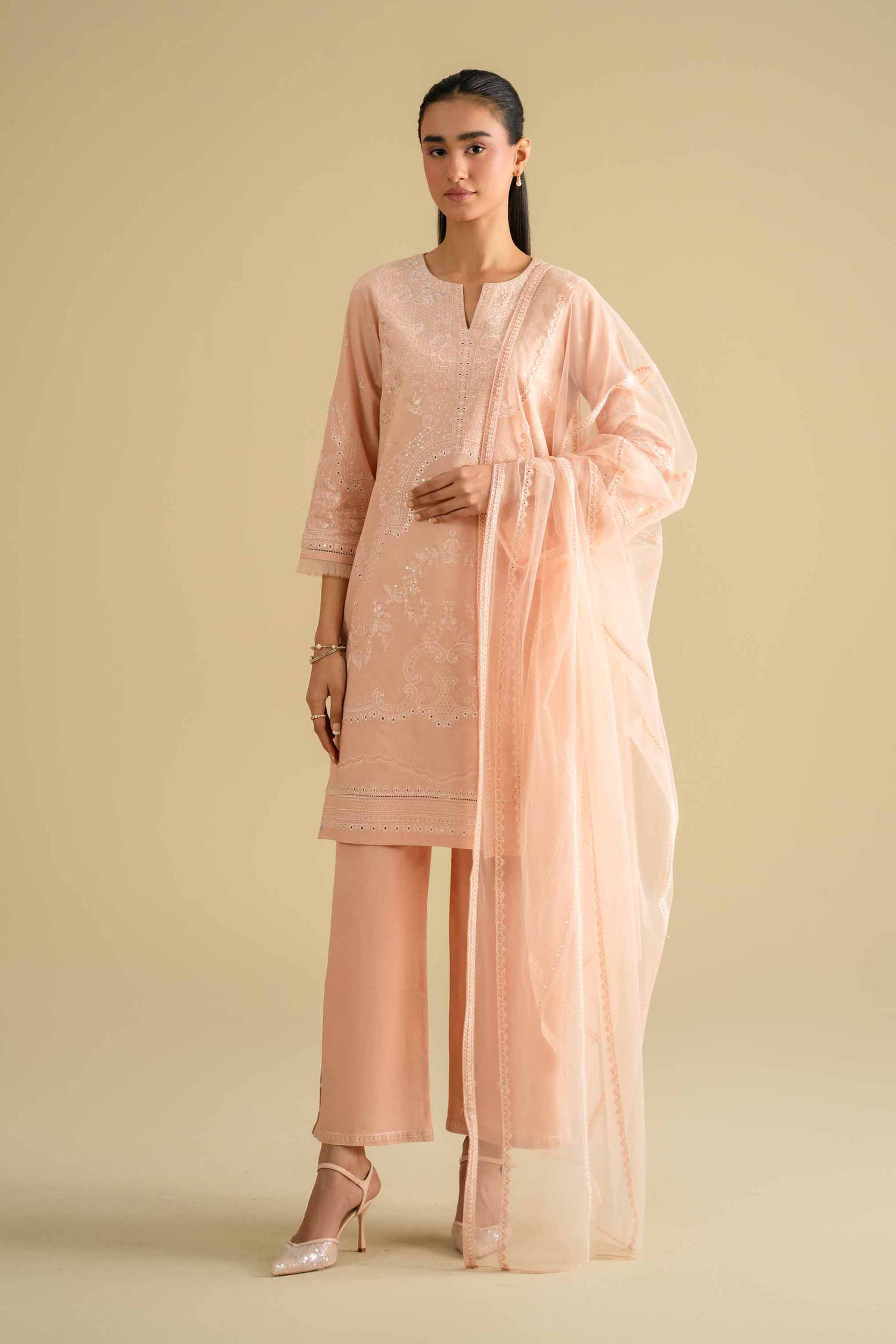 Nishat UK - Orange Embroidered Cambric 3-piece ready to wear luxury Suit