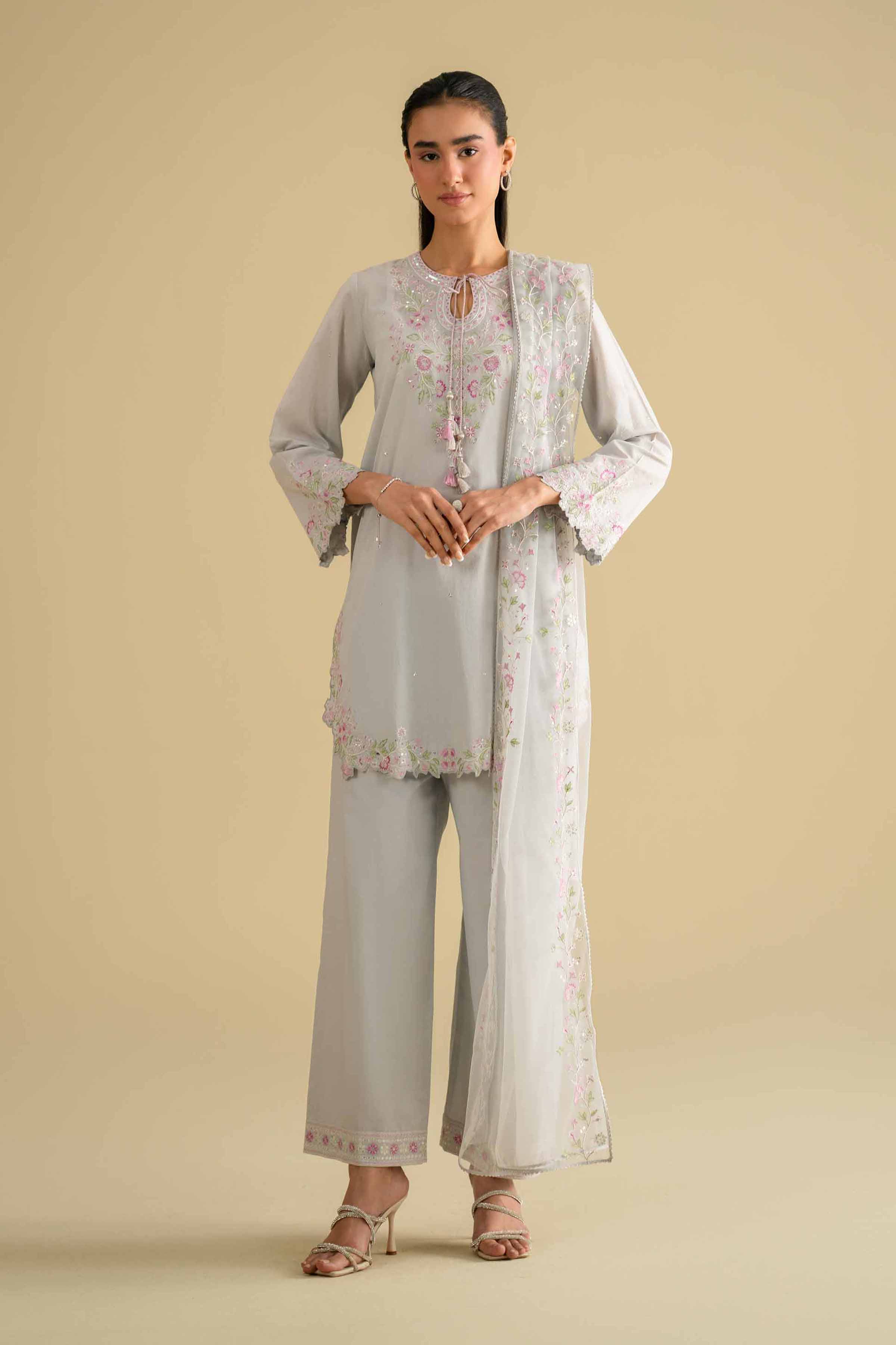 Nishat UK - Grey Embroidered Cambric 3-piece ready to wear luxury Suit