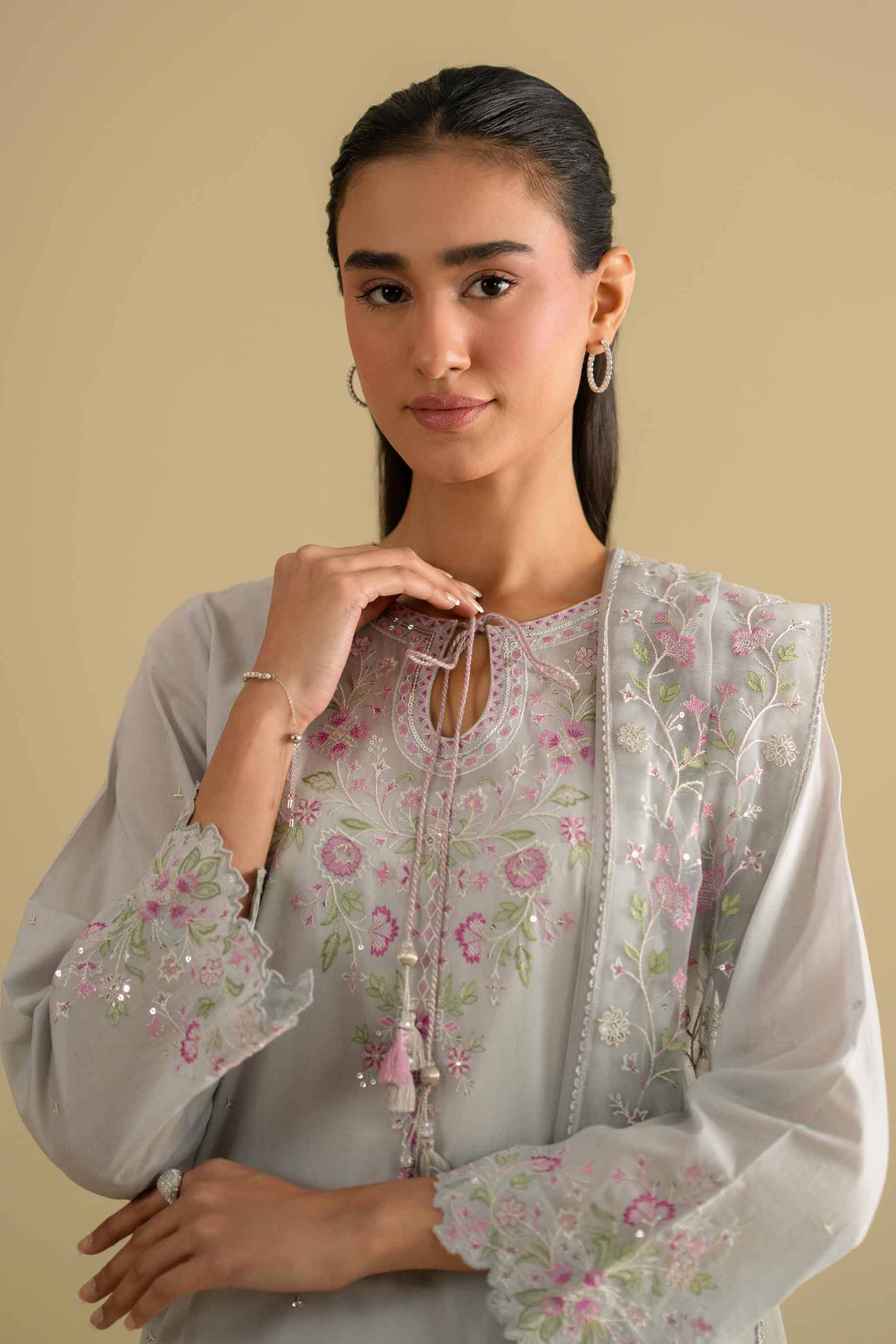 Nishat UK - Grey Embroidered Cambric 3-piece ready to wear luxury Suit