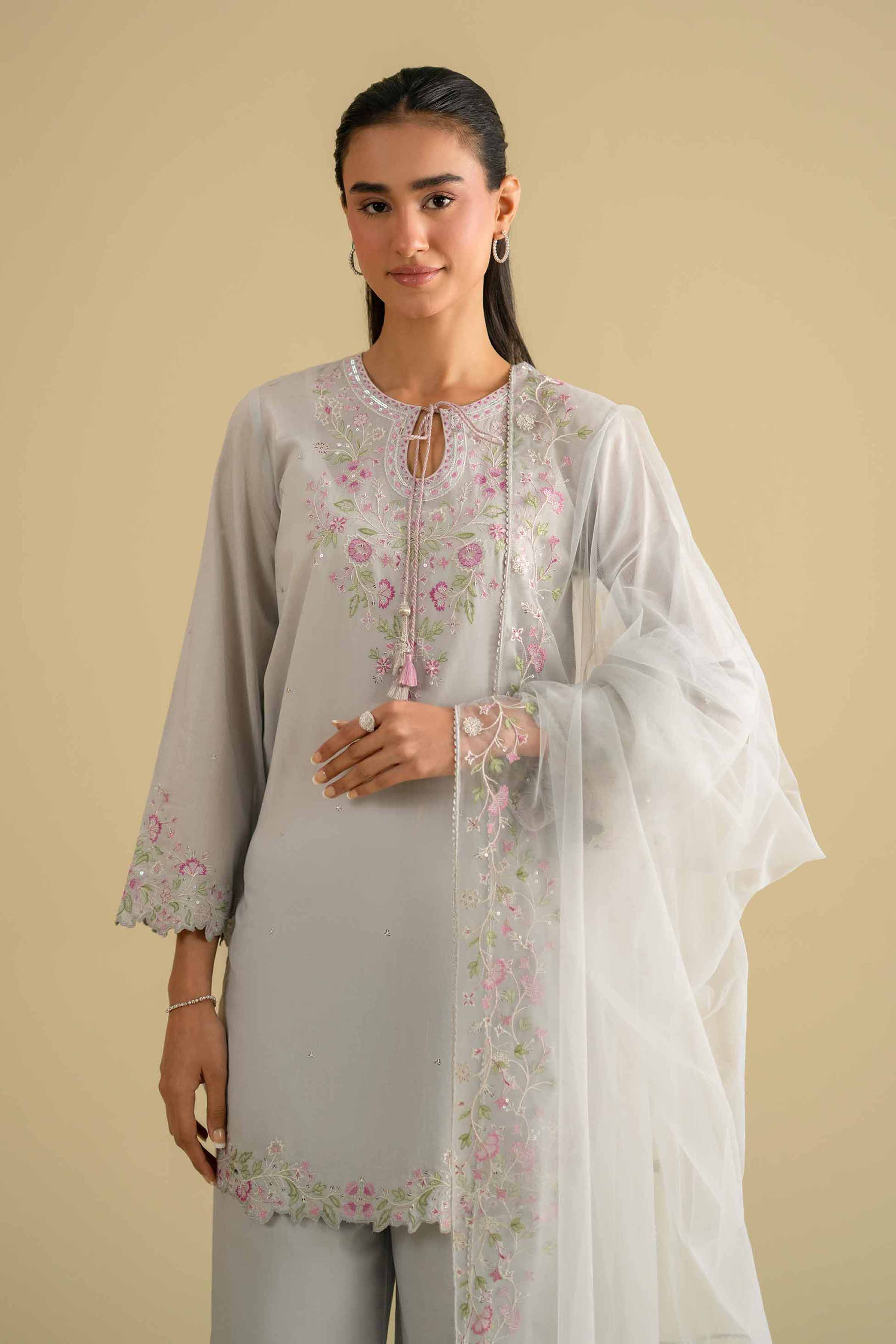 Nishat UK - Grey Embroidered Cambric 3-piece ready to wear luxury Suit