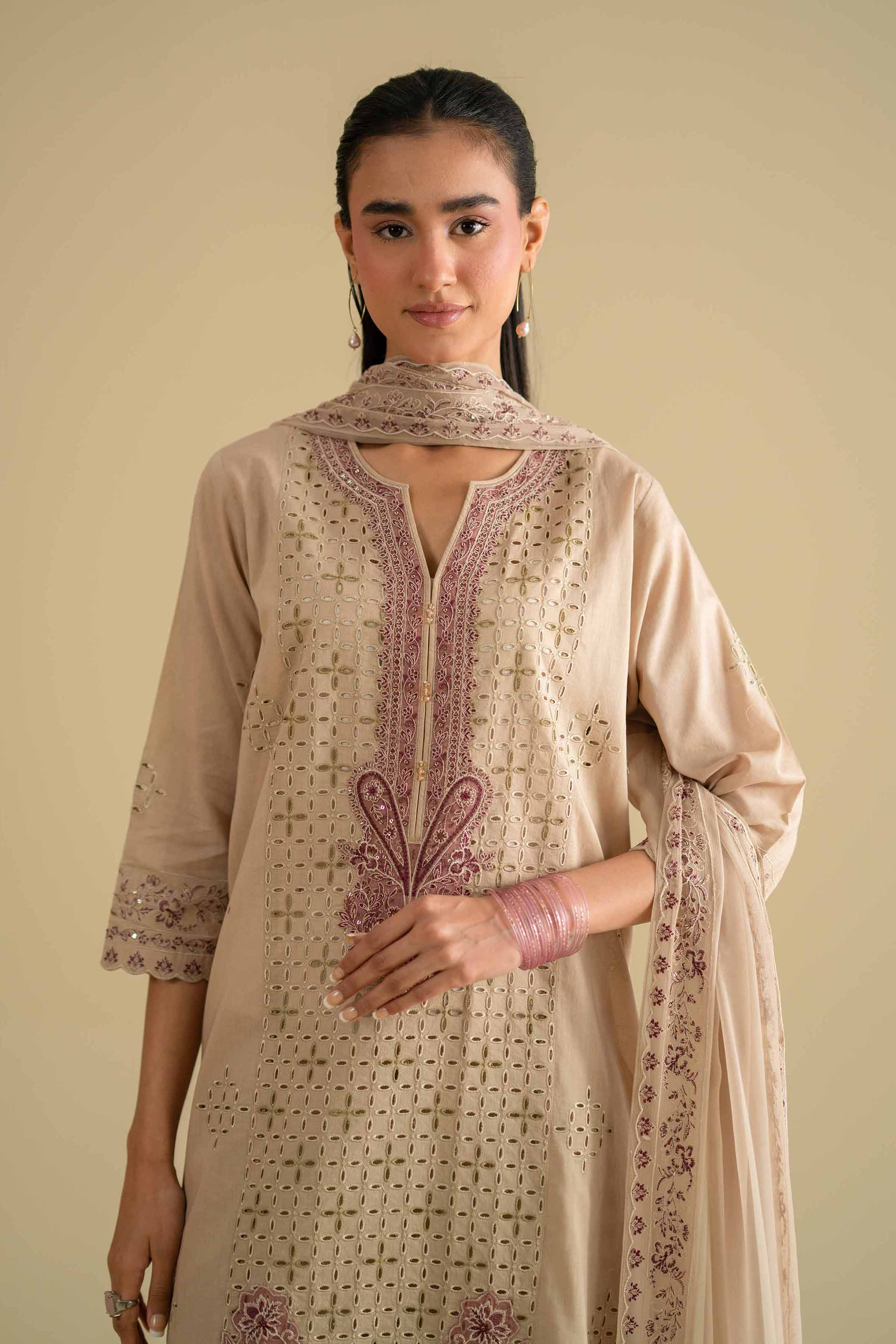 Nishat UK - Beige Embroidered Cambric 3 Pieces ready to wear luxury Suit