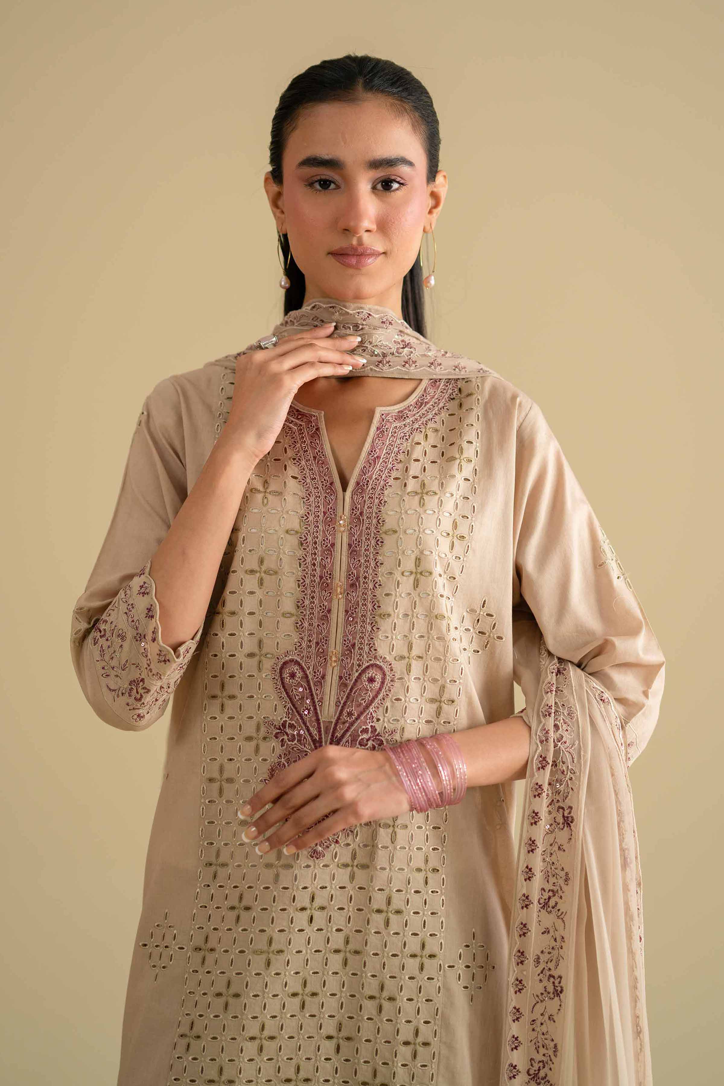Nishat UK - Beige Embroidered Cambric 3 Pieces ready to wear luxury Suit