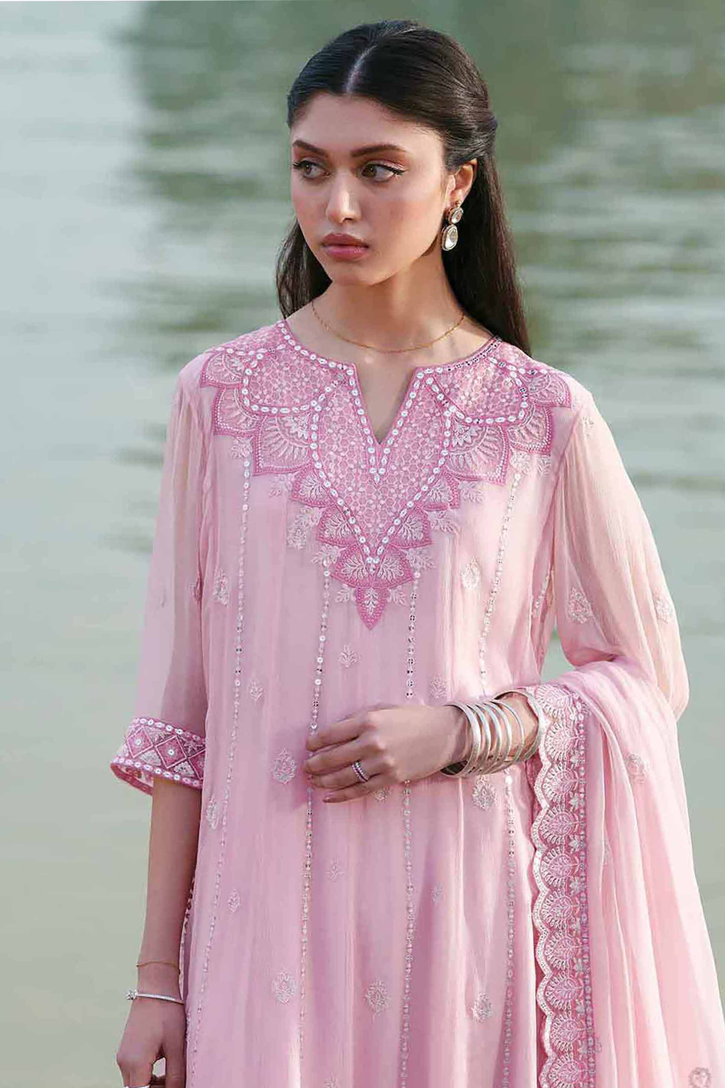 NishatUK - Pink Embroidered Chiffon 3-piece ready to wear luxury Suit