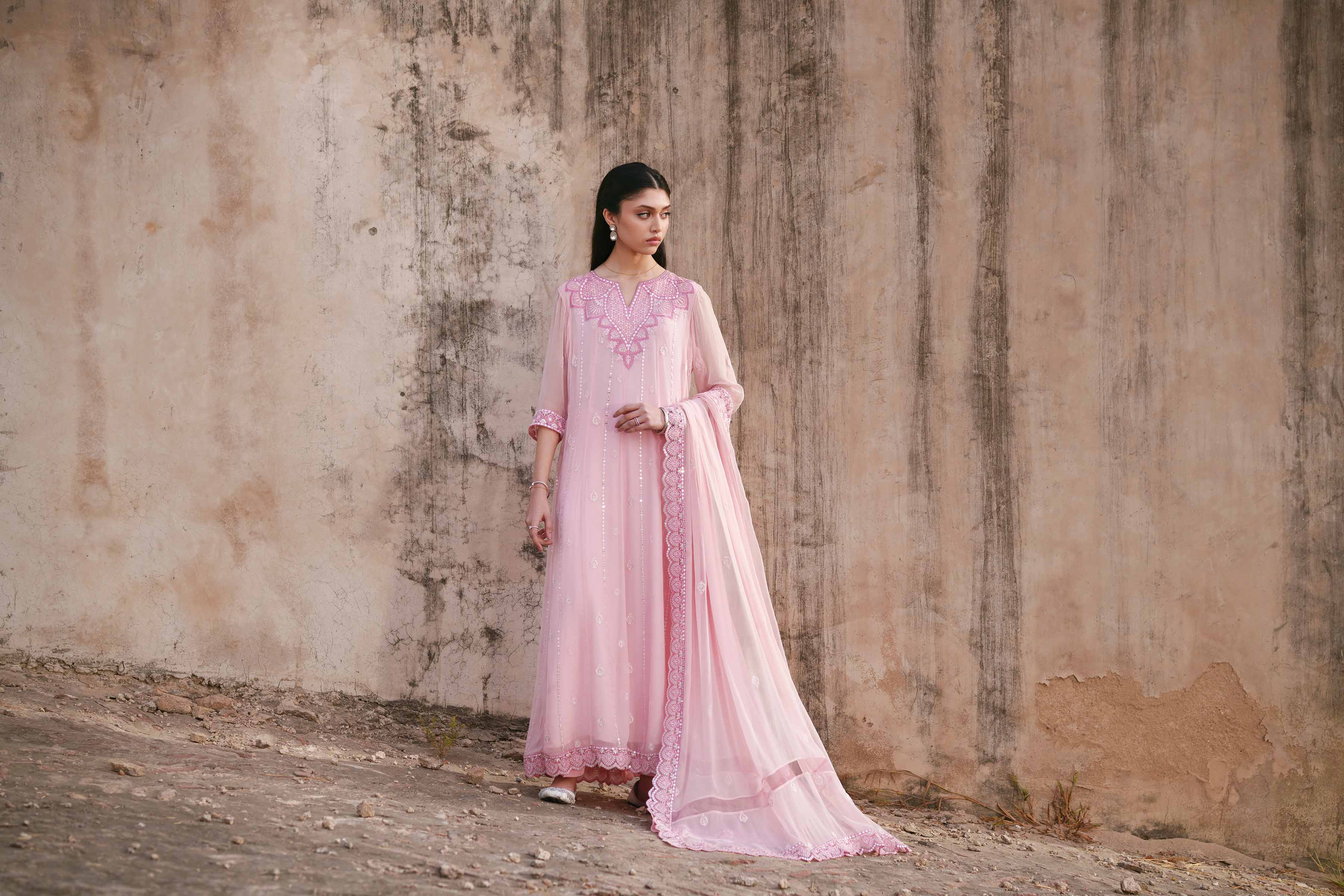 NishatUK - Pink Embroidered Chiffon 3-piece ready to wear luxury Suit