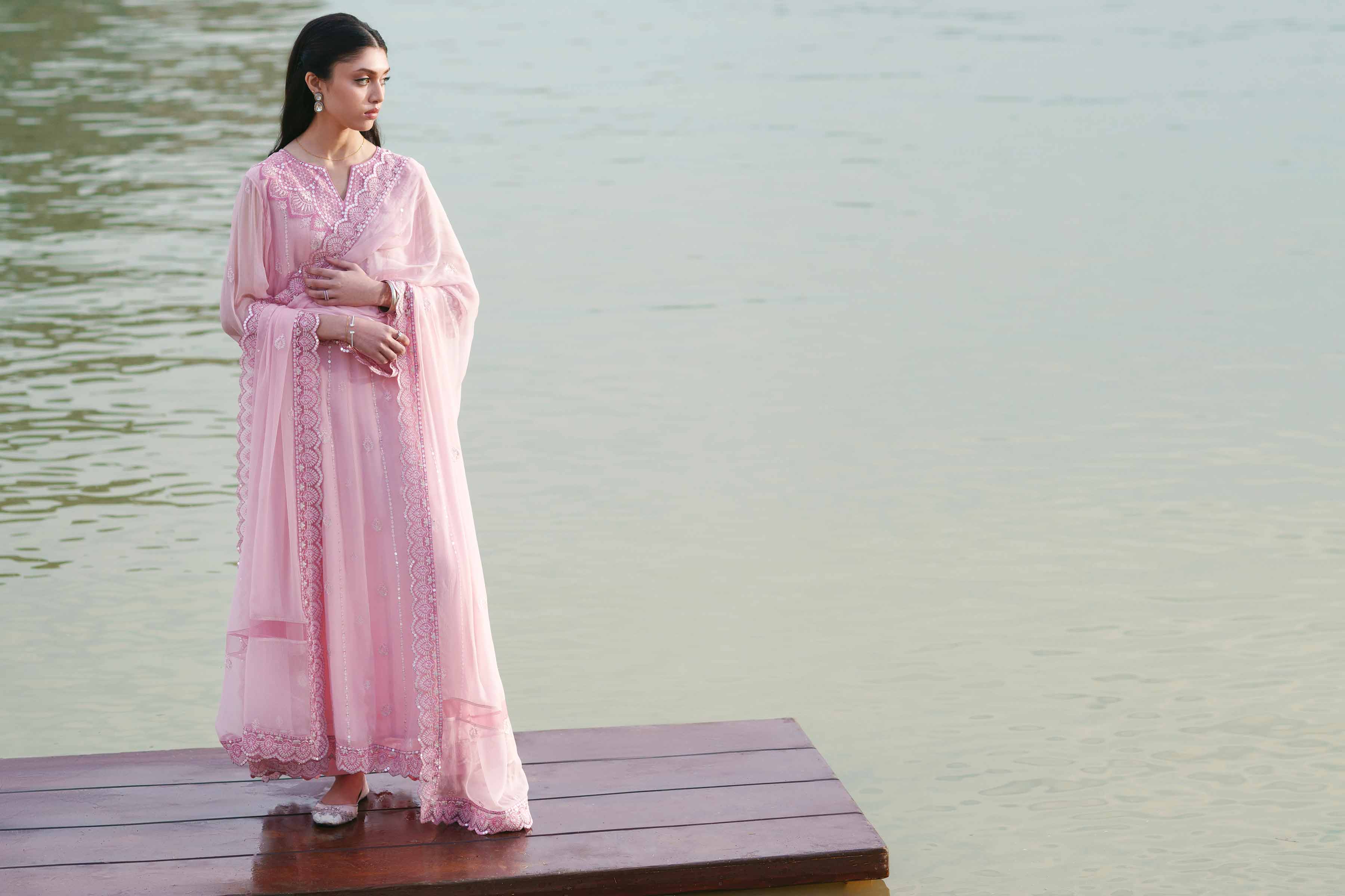 NishatUK - Pink Embroidered Chiffon 3-piece ready to wear luxury Suit