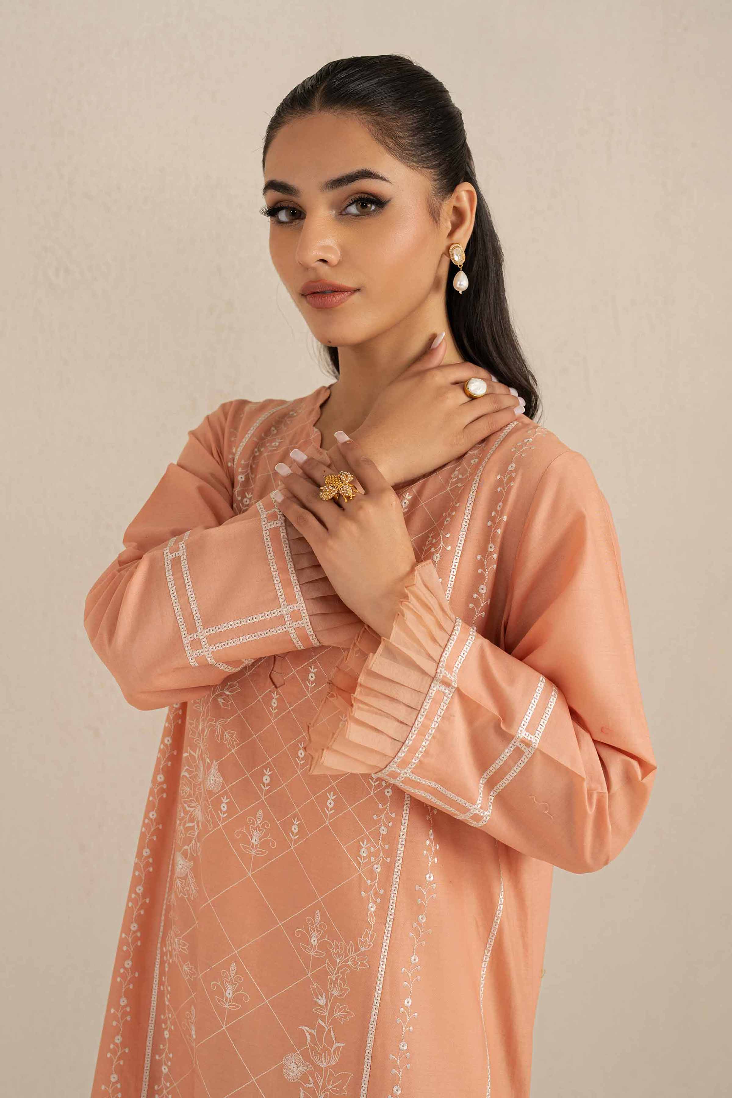 NishatUK - Peach Embroidered Cambric 2-piece ready to wear Luxury Dress