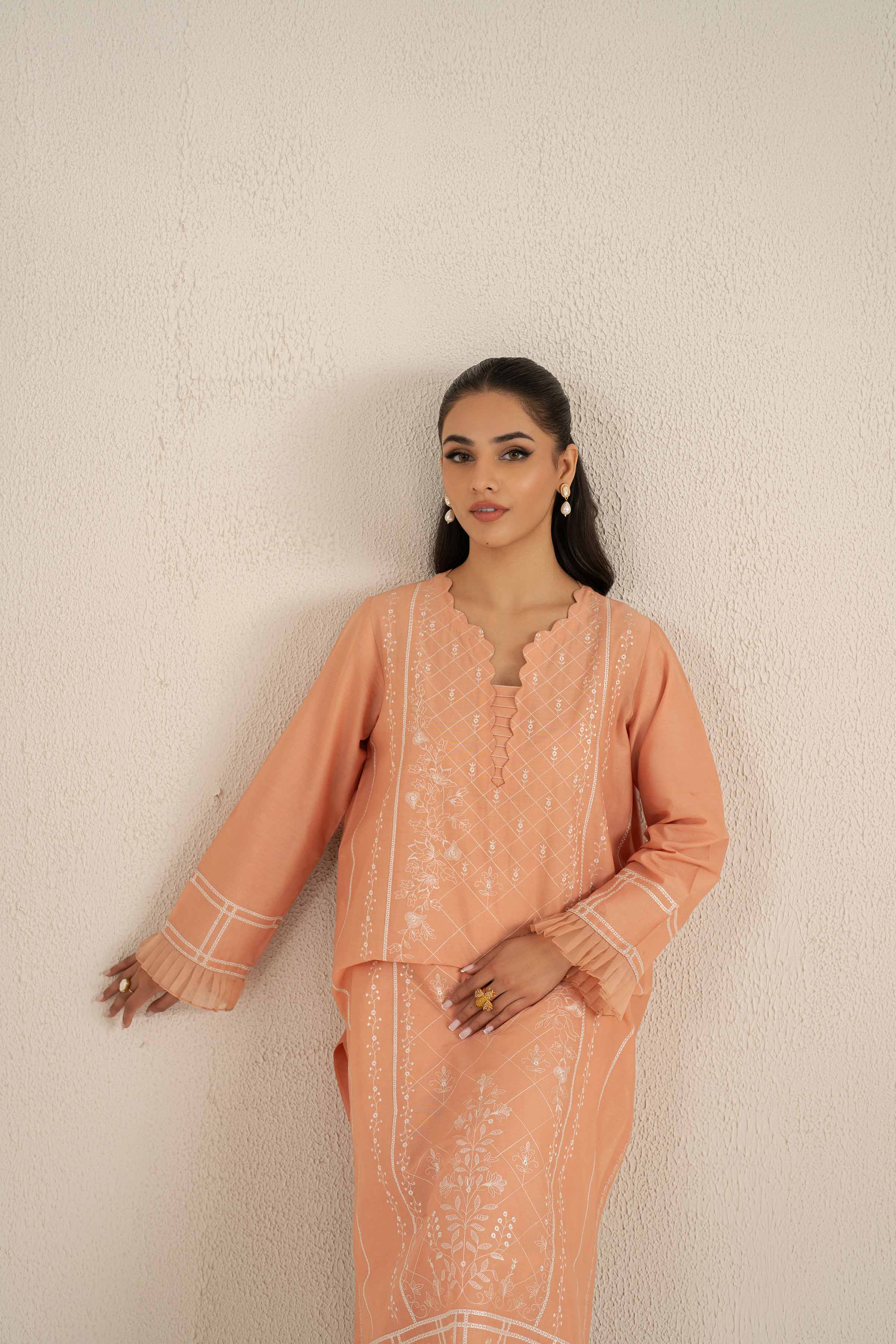 NishatUK - Peach Embroidered Cambric 2-piece ready to wear Luxury Dress