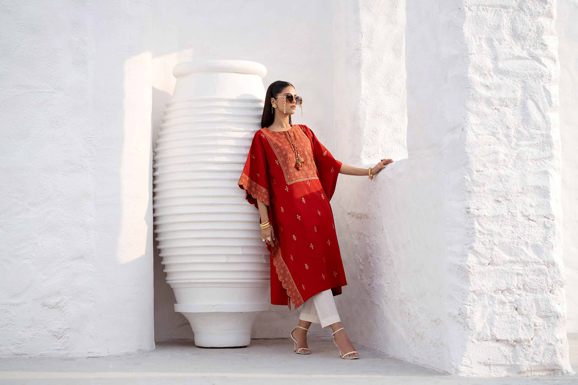 NishatUK - Red Embroidered Cambric 1-piece ready to wear Kaftan