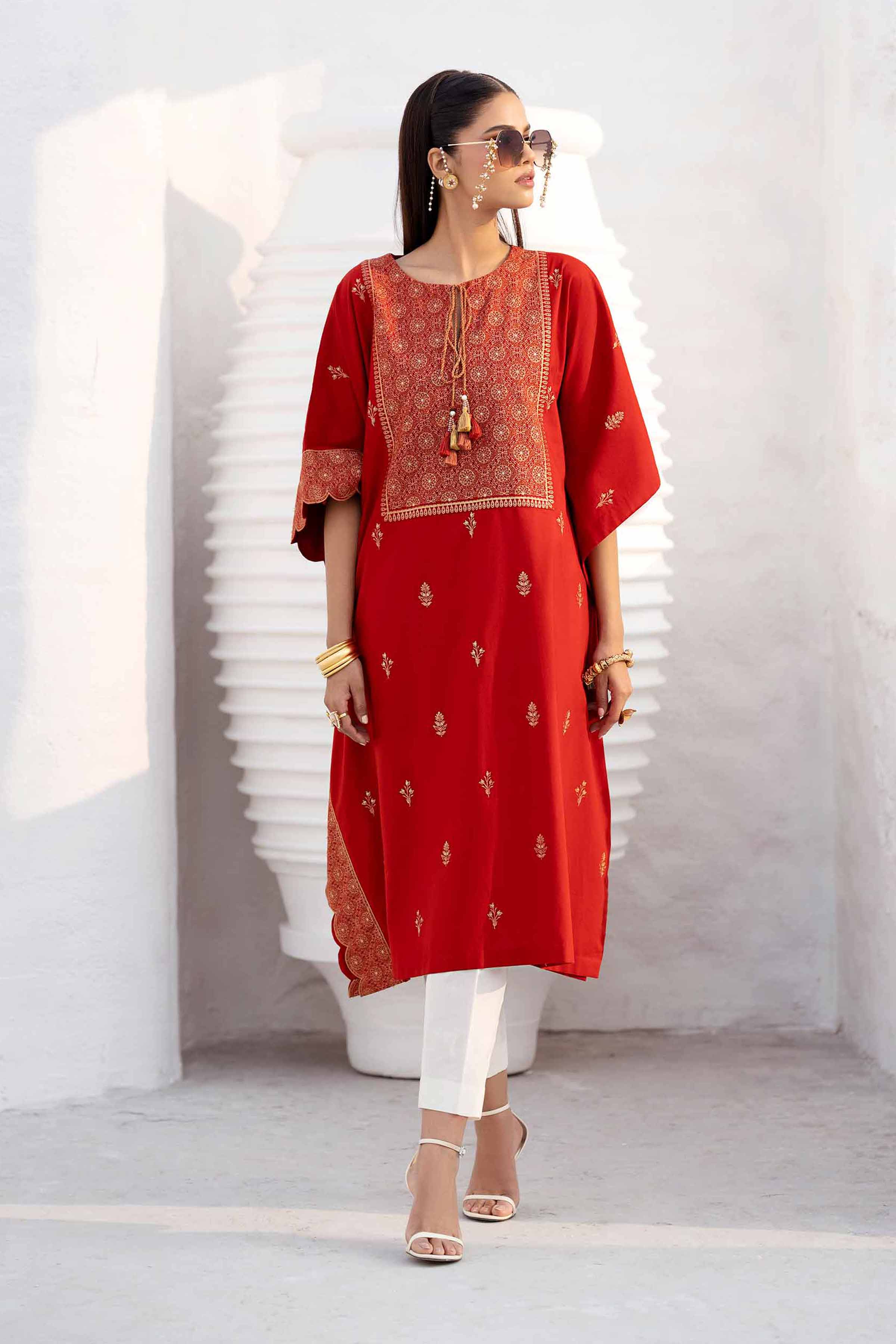 NishatUK - Red Embroidered Cambric 1-piece ready to wear Kaftan