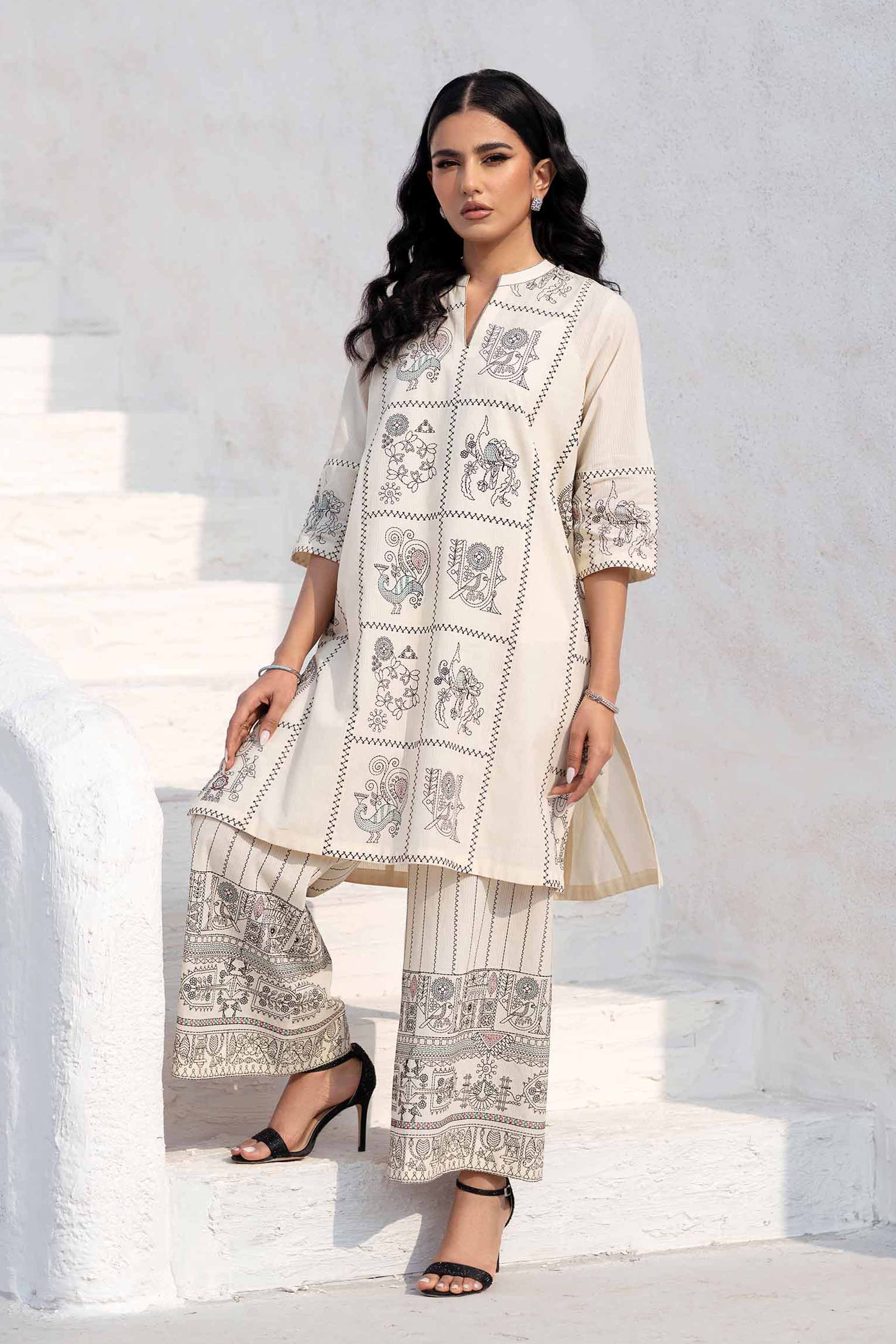 NishatUK - Off White Embroidered Handmade Loom 2-piece ready to wear Luxury Dress