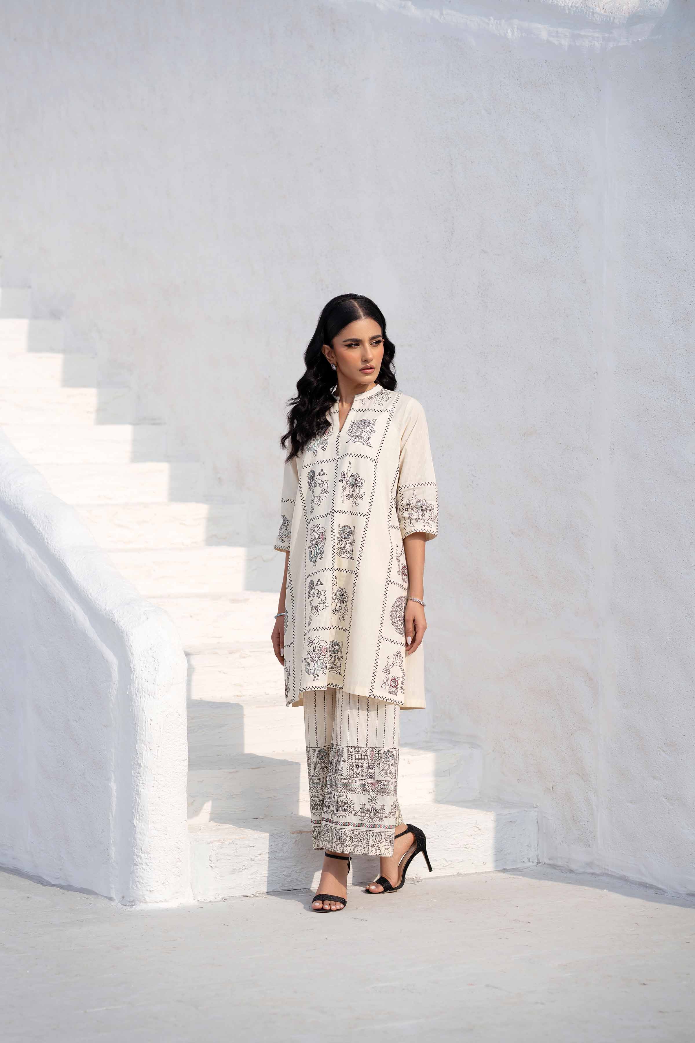 NishatUK - Off White Embroidered Handmade Loom 2-piece ready to wear Luxury Dress