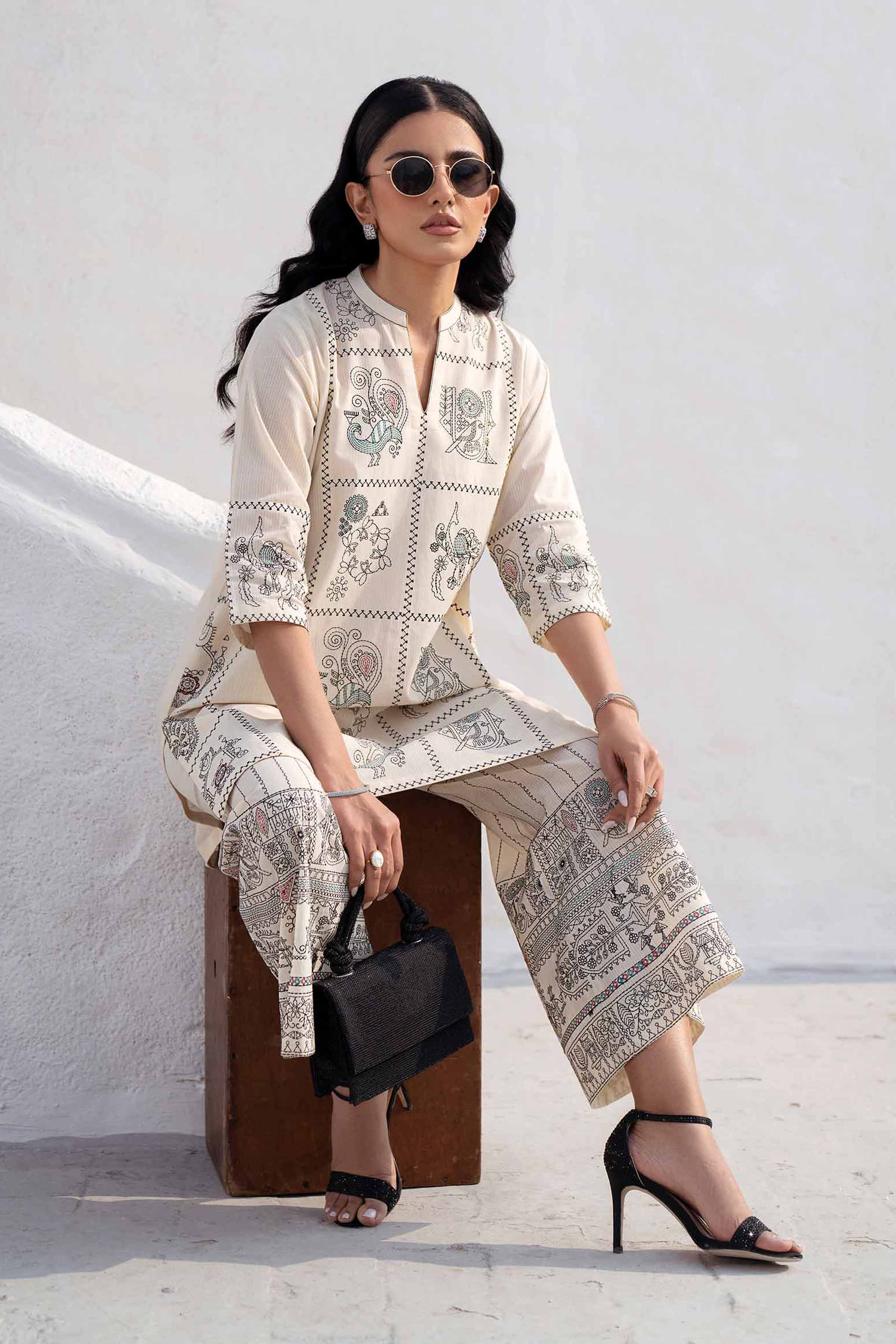 NishatUK - Off White Embroidered Handmade Loom 2-piece ready to wear Luxury Dress