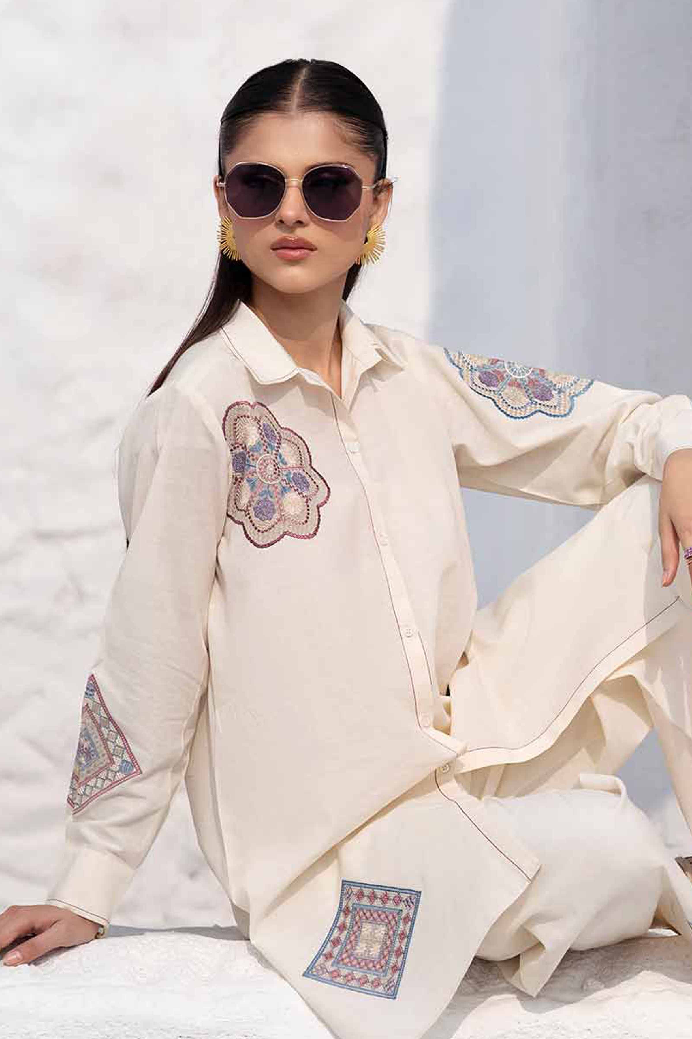 NishatUK - Ivory Embroidered Handmade Loom 2-piece ready to wear Luxury Dress