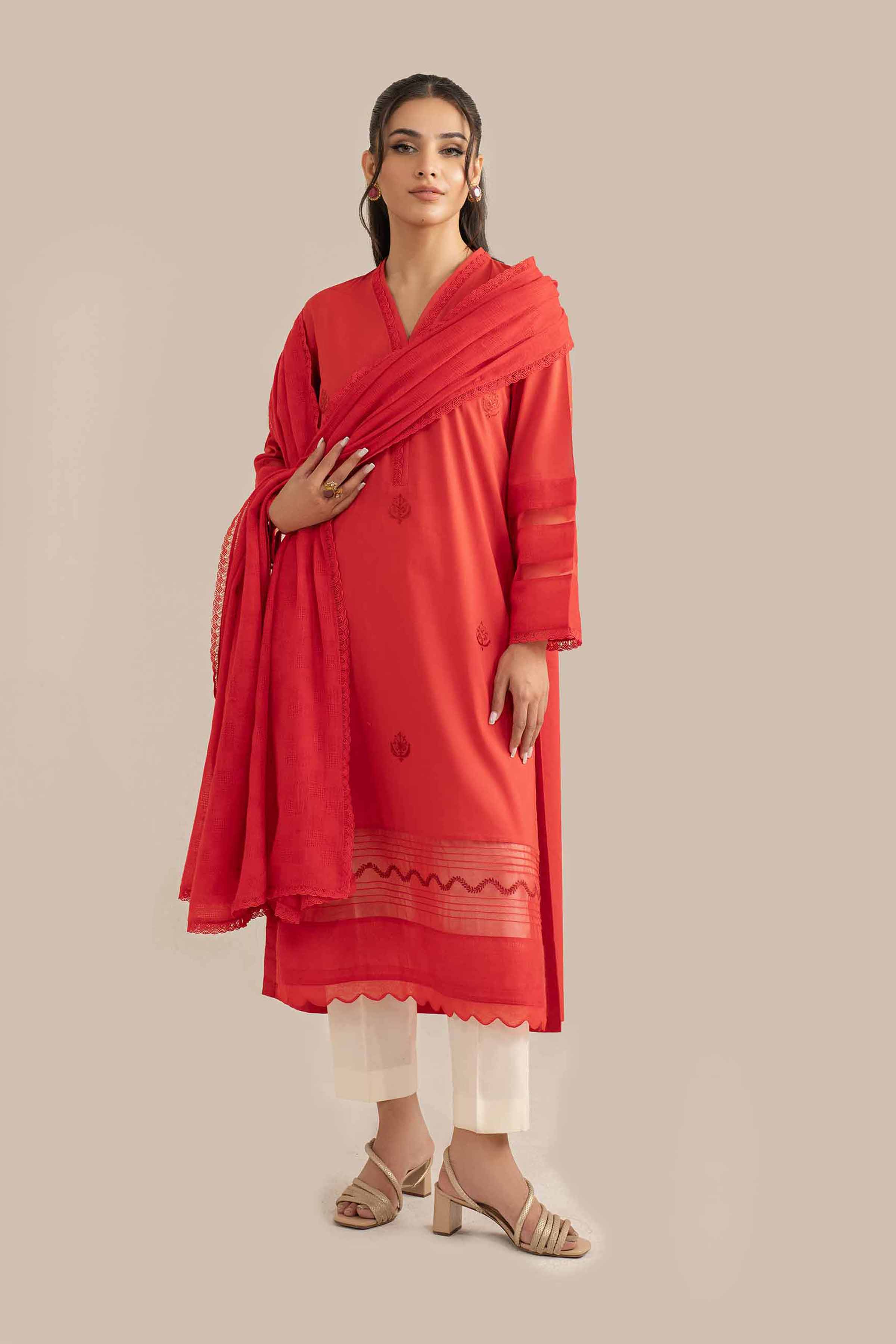NishatUK - Red Embroidered Cambric 2-piece ready to wear Luxury Dress