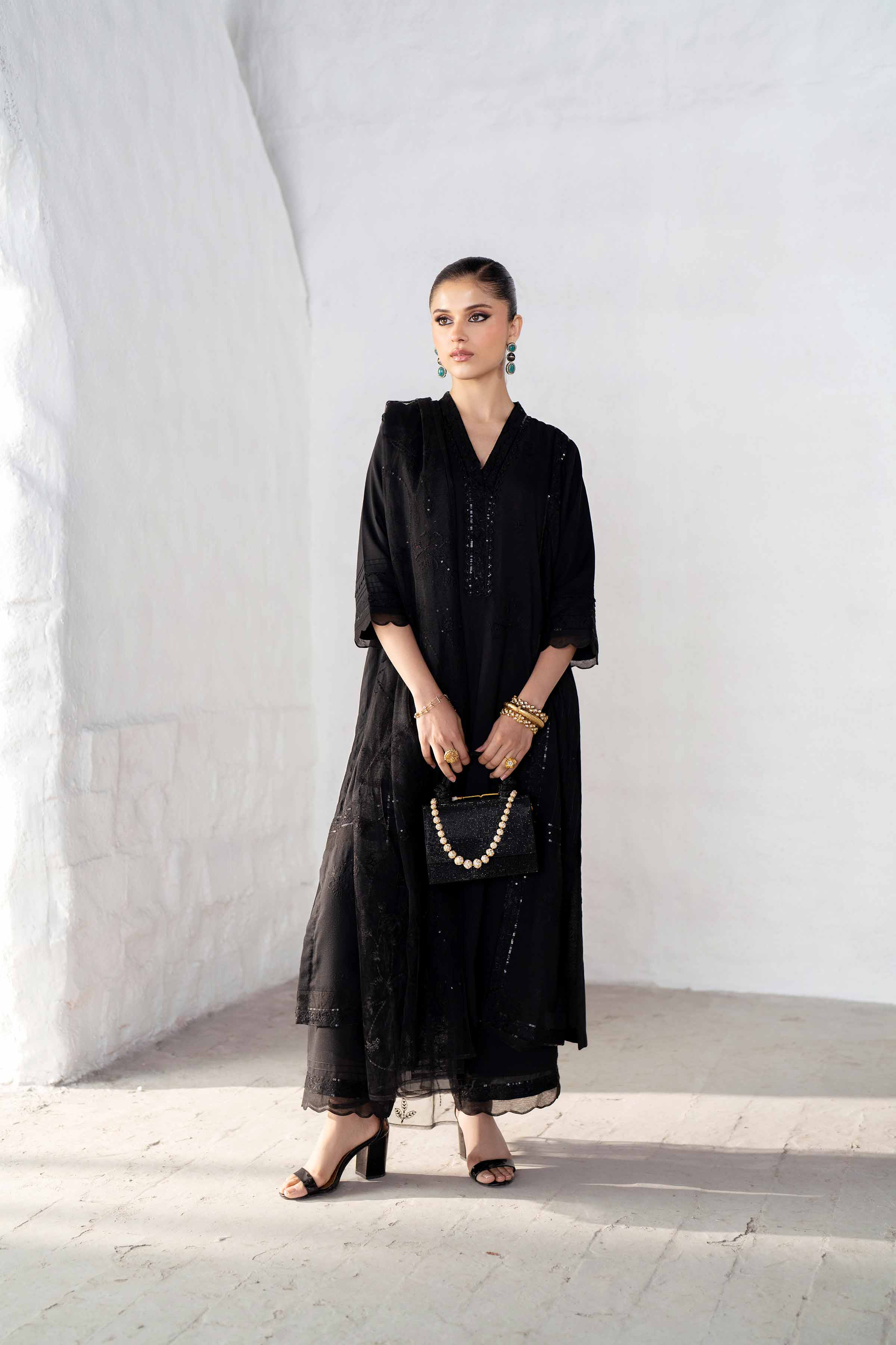 NishatUK - Black Embroidered Silk 3-piece ready to wear Suit