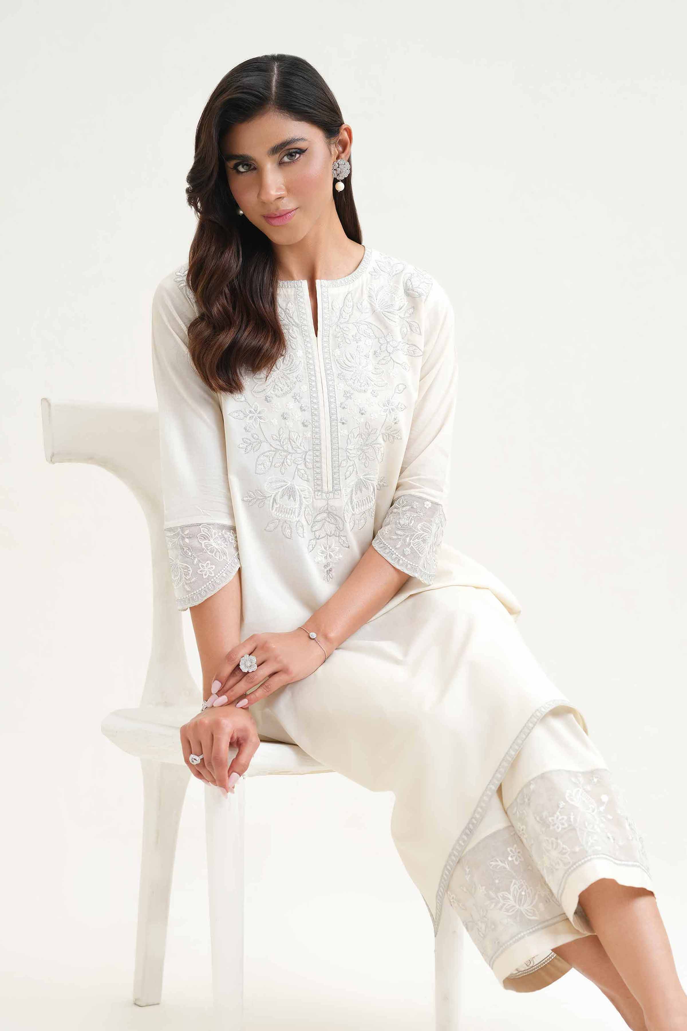 NishatUK - Beige Embroidered Cambric 2-piece ready to wear Luxury Dress