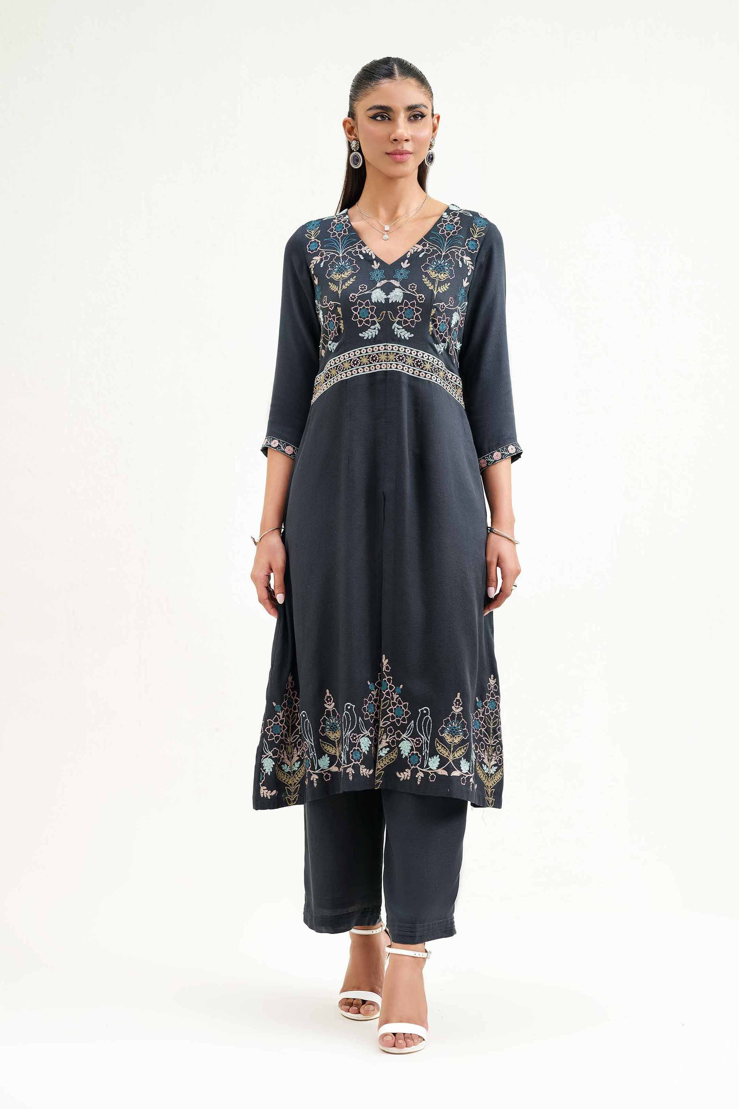 NishatUK - Grey Embroidered Silk 2-piece ready to wear Luxury Dress