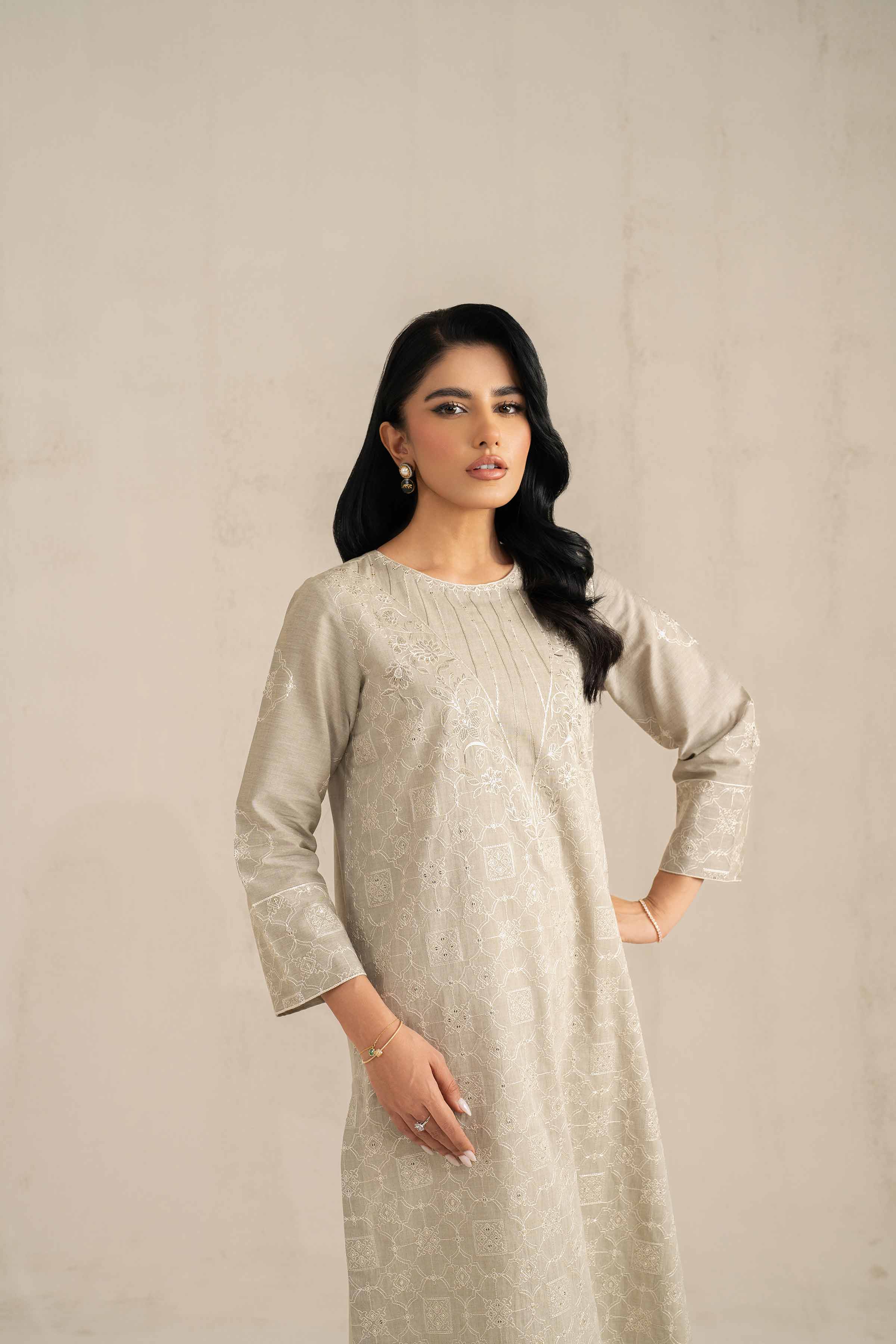 NishatUK - Grey Embroidered Handmade Loom 2-piece ready to wear Luxury Dress