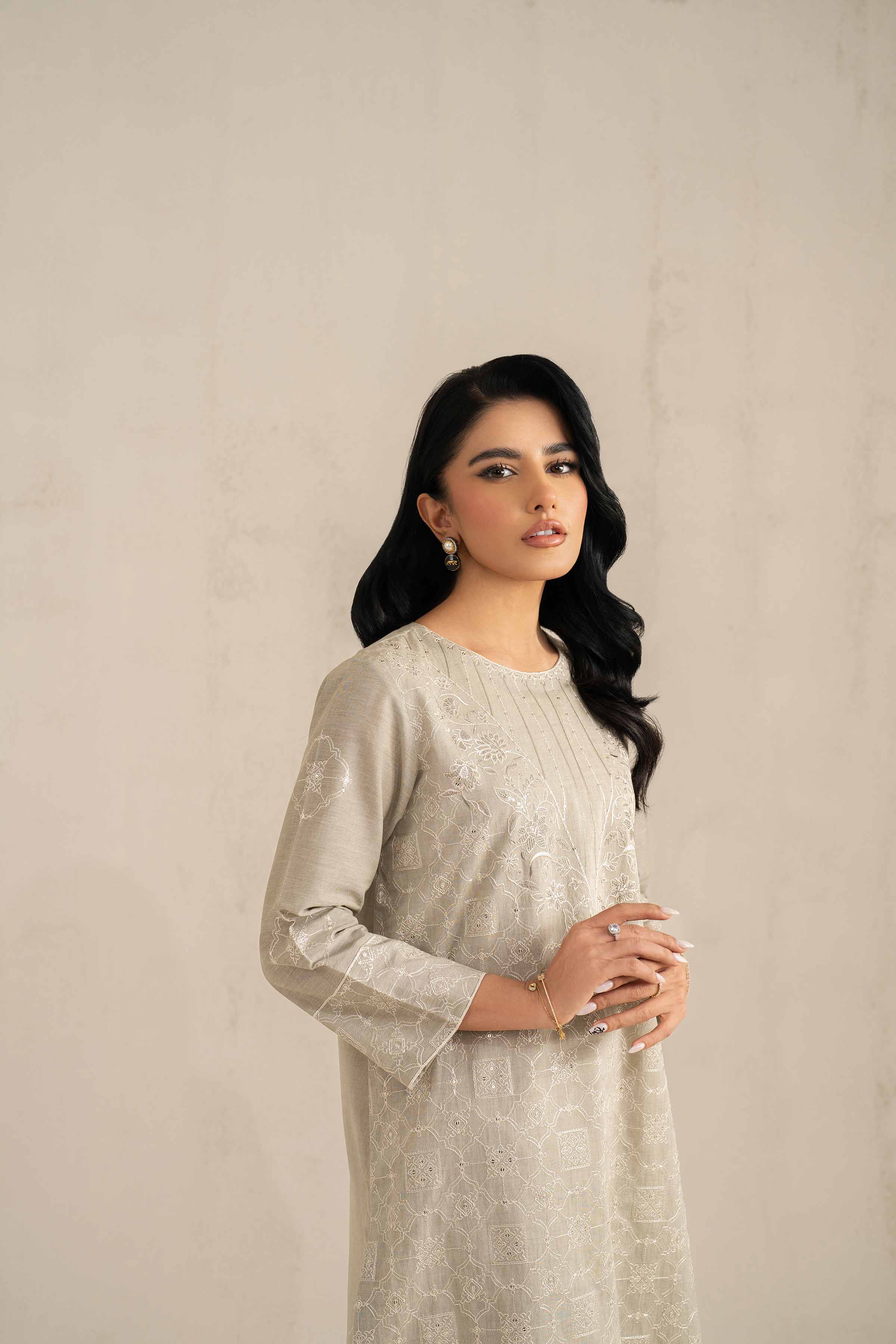 NishatUK - Grey Embroidered Handmade Loom 2-piece ready to wear Luxury Dress