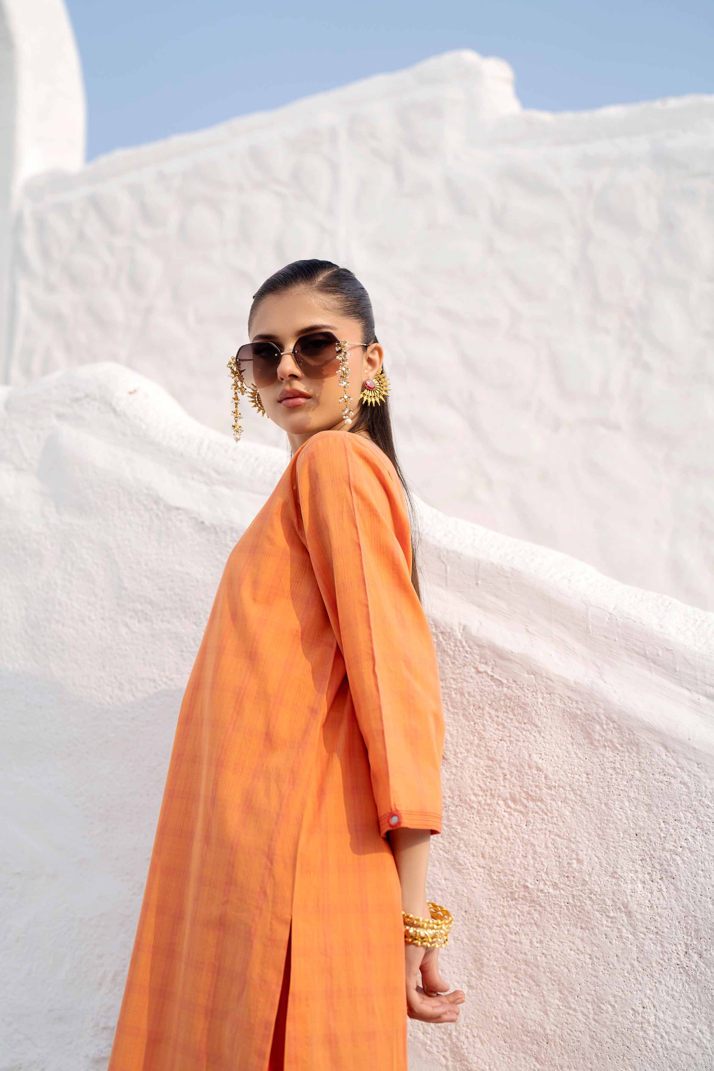 NishatUK - Orange Embroidered Yarn Dyed 2-piece ready to wear Luxury Dress