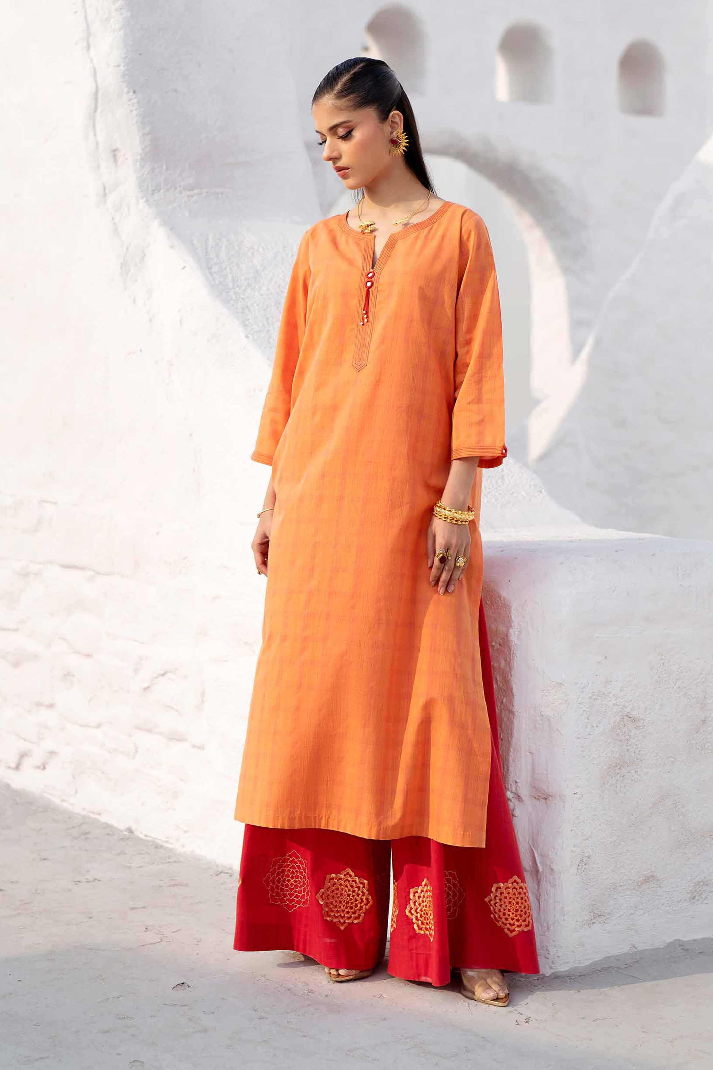 NishatUK - Orange Embroidered Yarn Dyed 2-piece ready to wear Luxury Dress