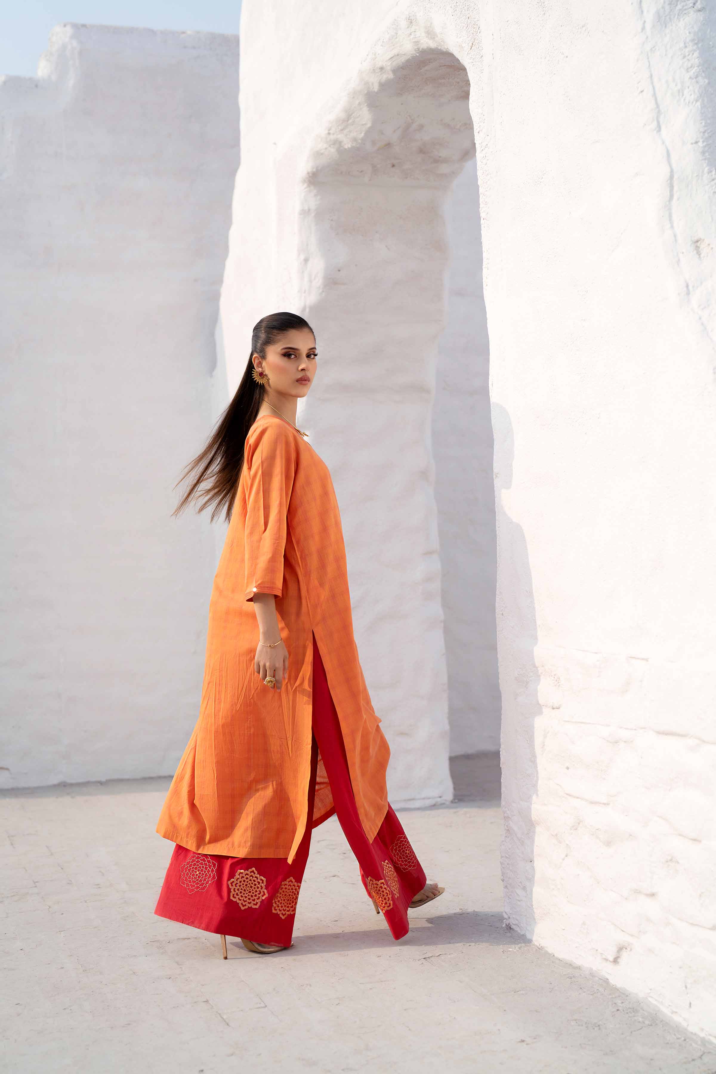 NishatUK - Orange Embroidered Yarn Dyed 2-piece ready to wear Luxury Dress