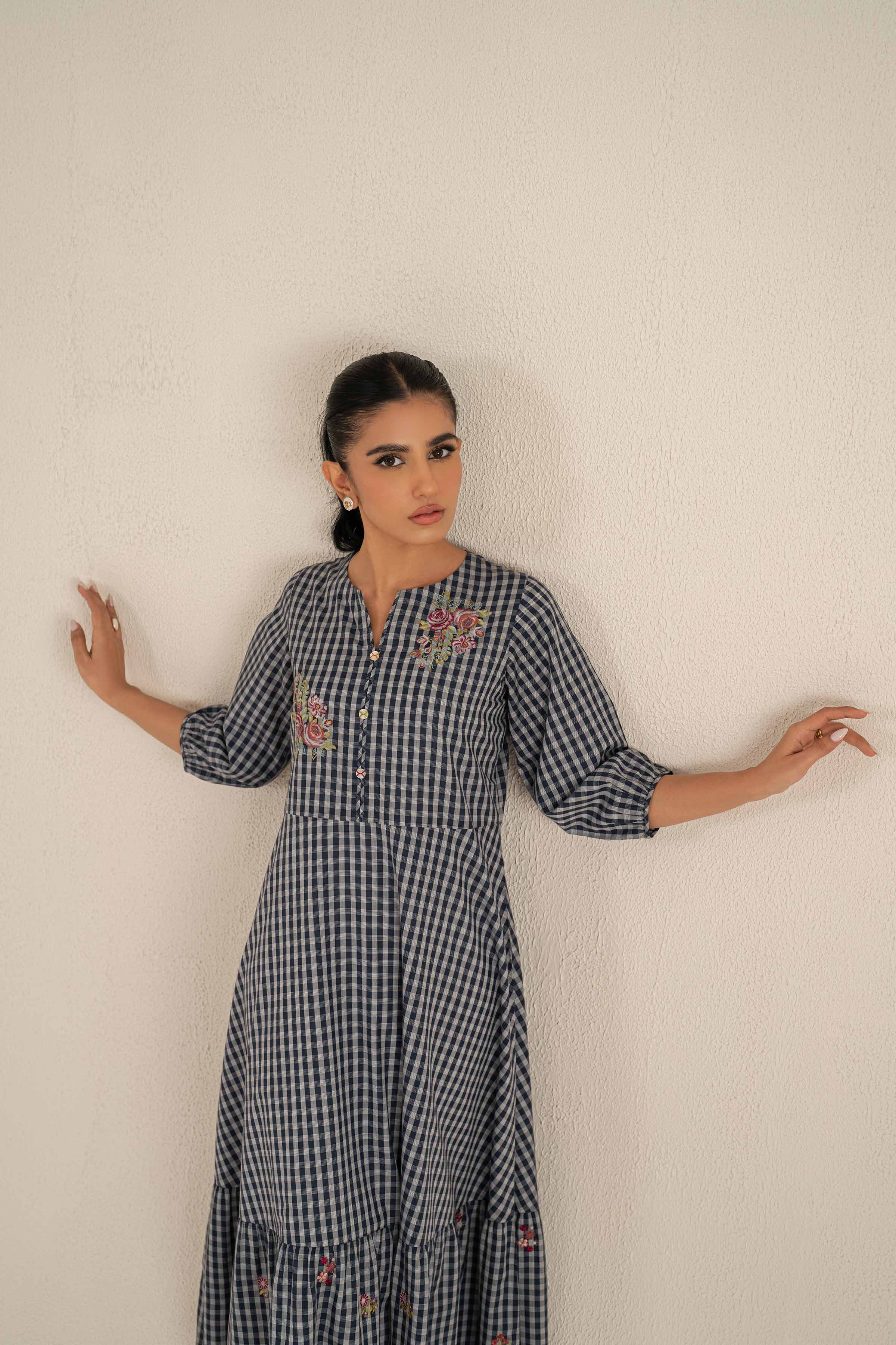 NishatUK - Blue Embroidered Yarn Dyed 1-piece ready to wear Long Dress