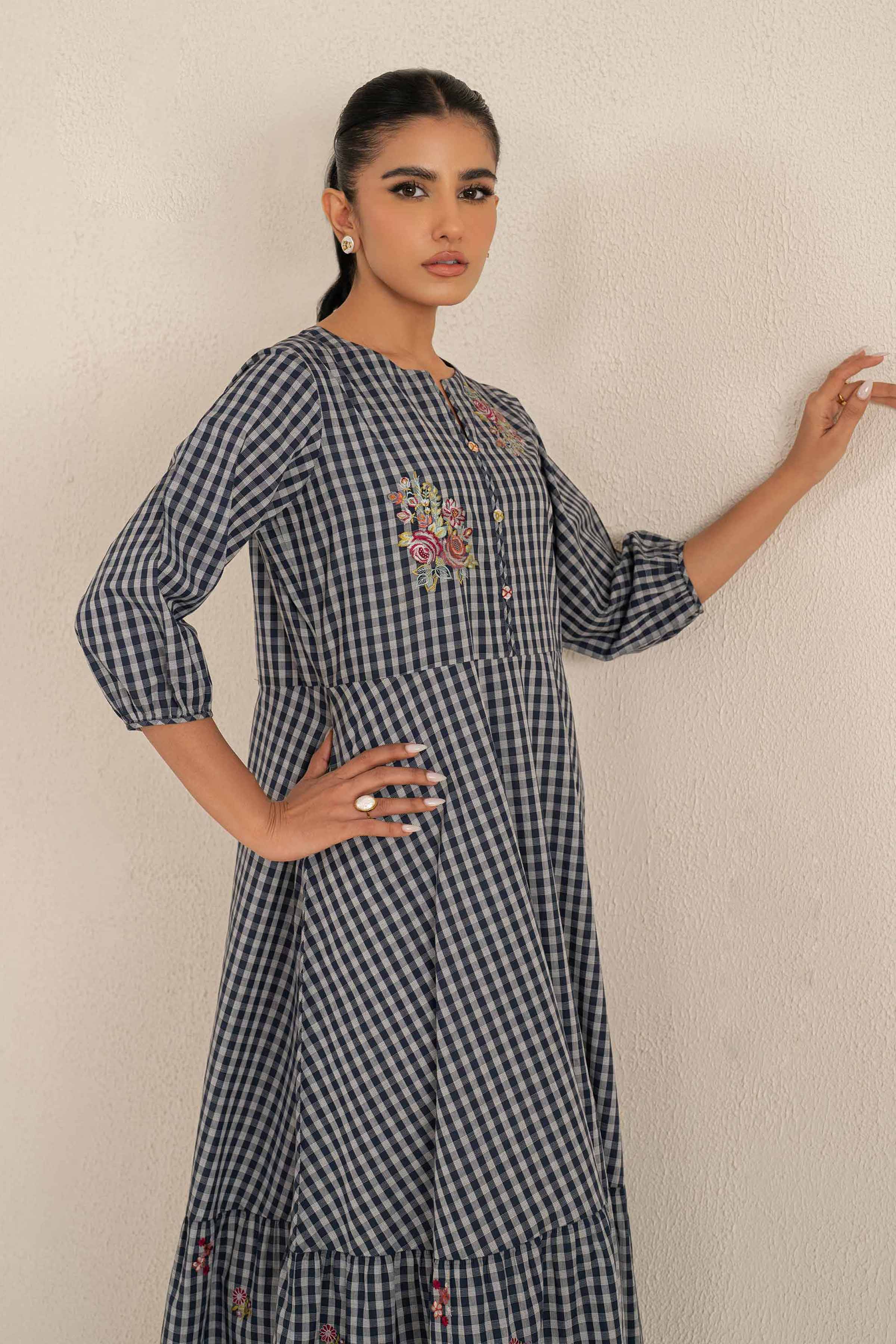 NishatUK - Blue Embroidered Yarn Dyed 1-piece ready to wear Long Dress